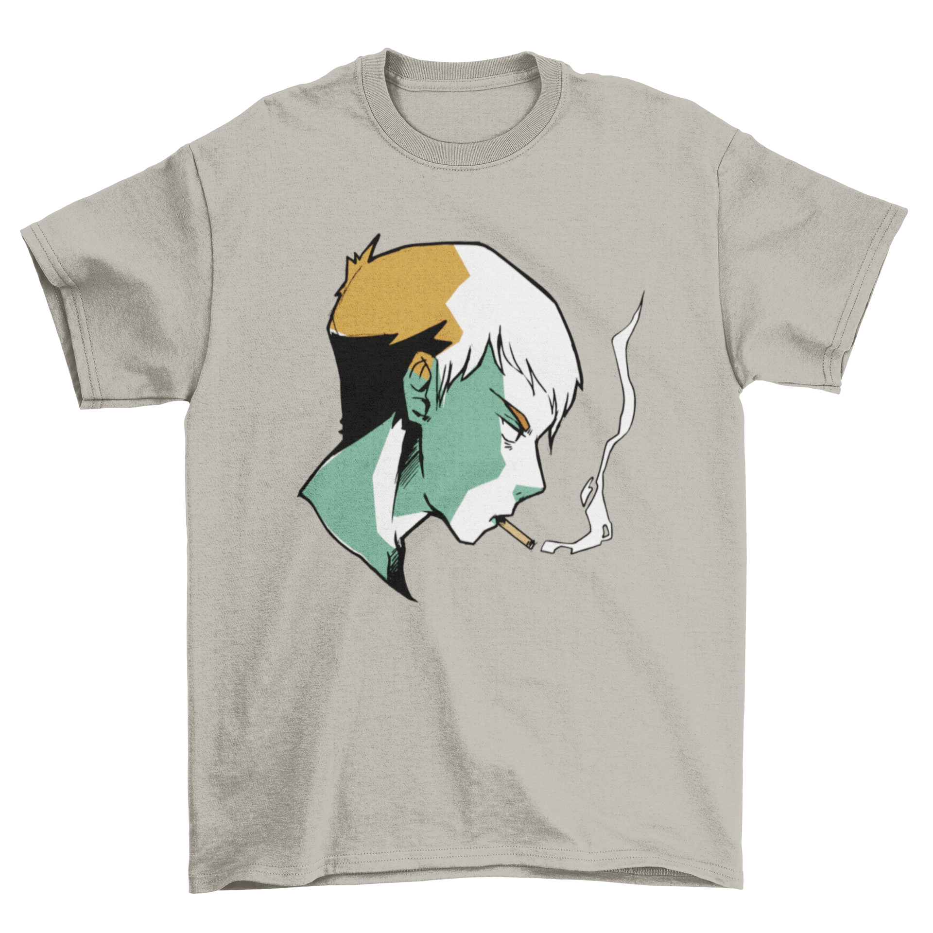 A stylish t-shirt featuring an anime boy smoking a cigarette, showcasing vibrant colors and detailed artwork.