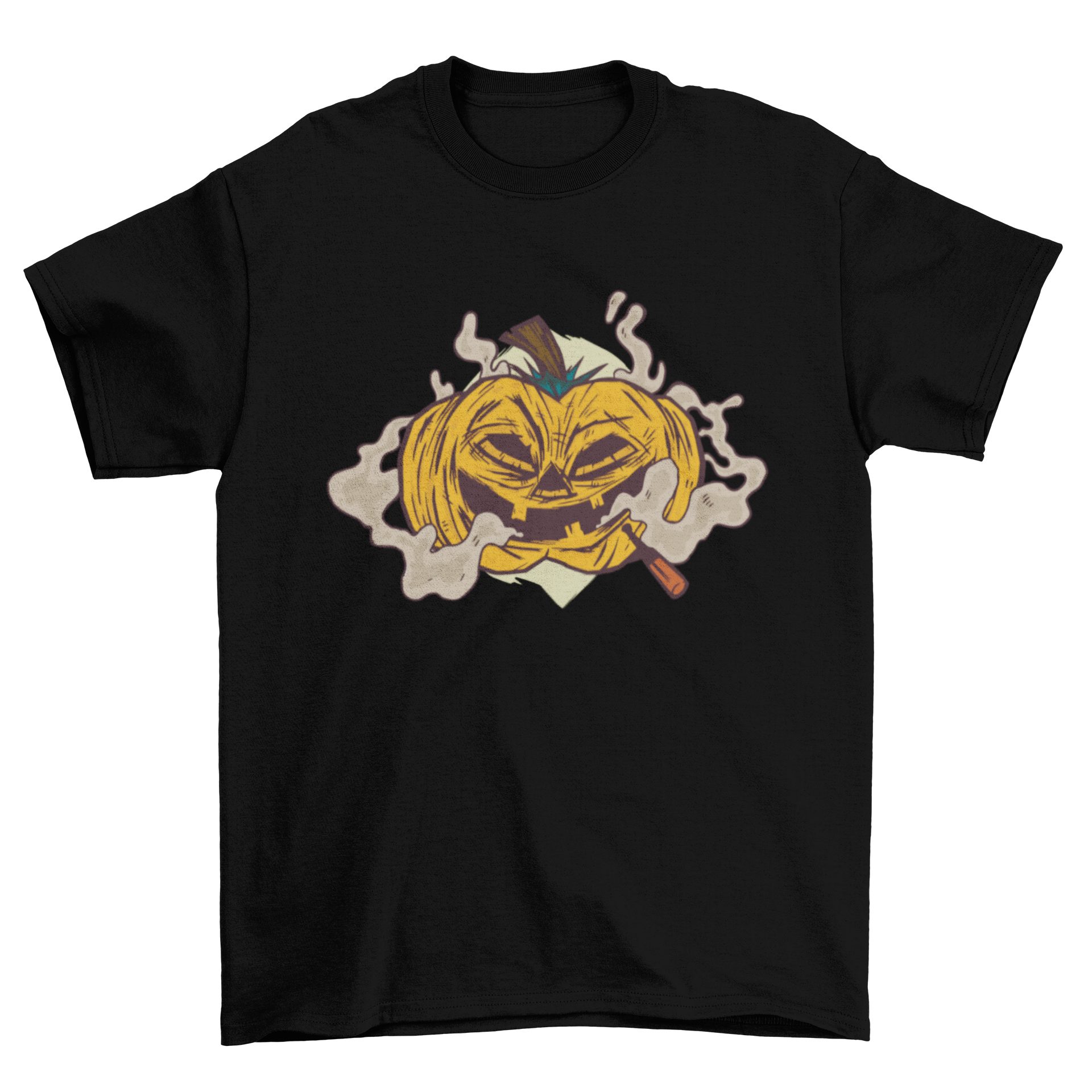 A Smoking Pumpkin T-shirt featuring a jack o' lantern with a cigar, surrounded by smoke.