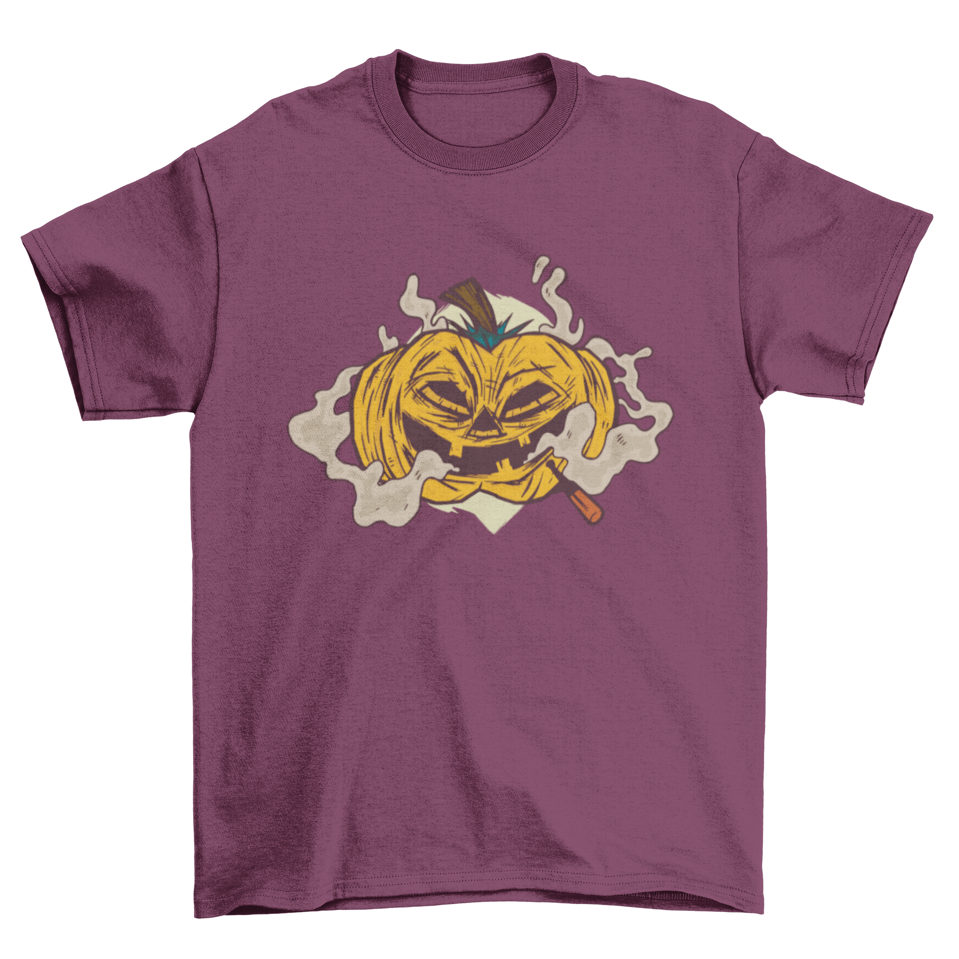 A Smoking Pumpkin T-shirt featuring a jack o' lantern with a cigar, surrounded by smoke.