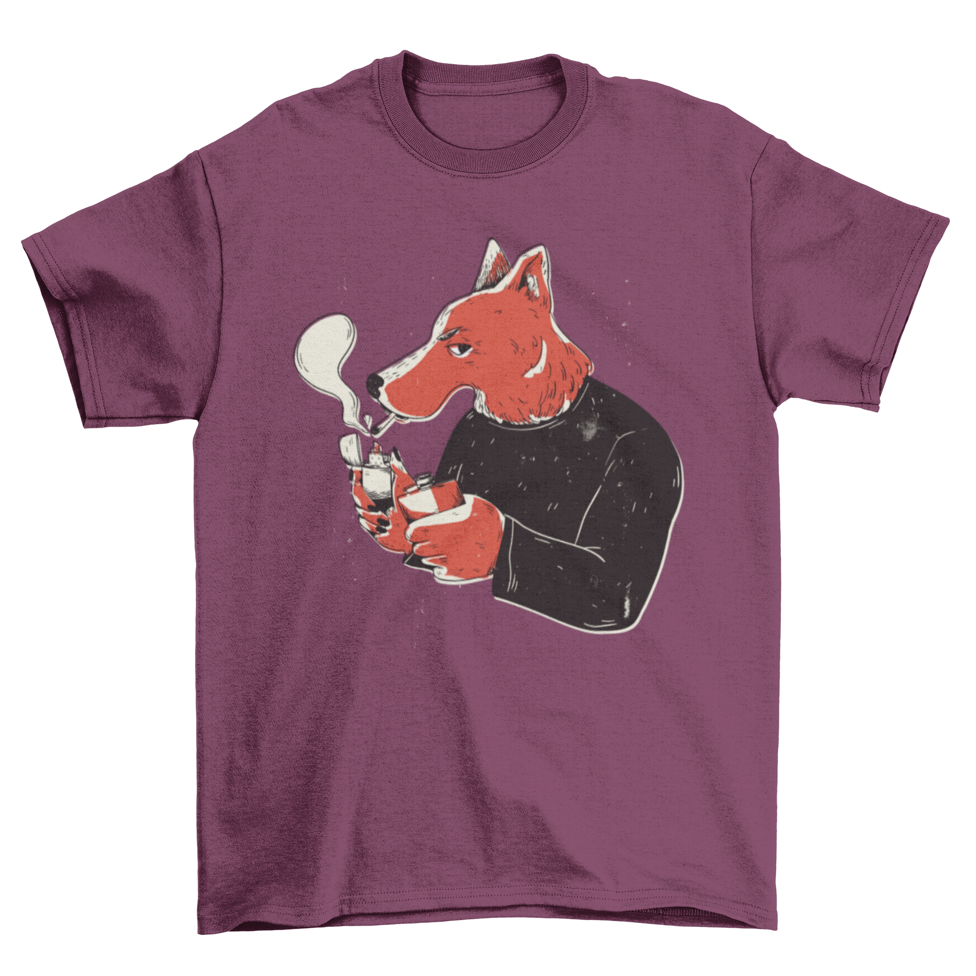 A stylish T-shirt featuring a wolf smoking a cigarette, showcasing a unique and edgy design.