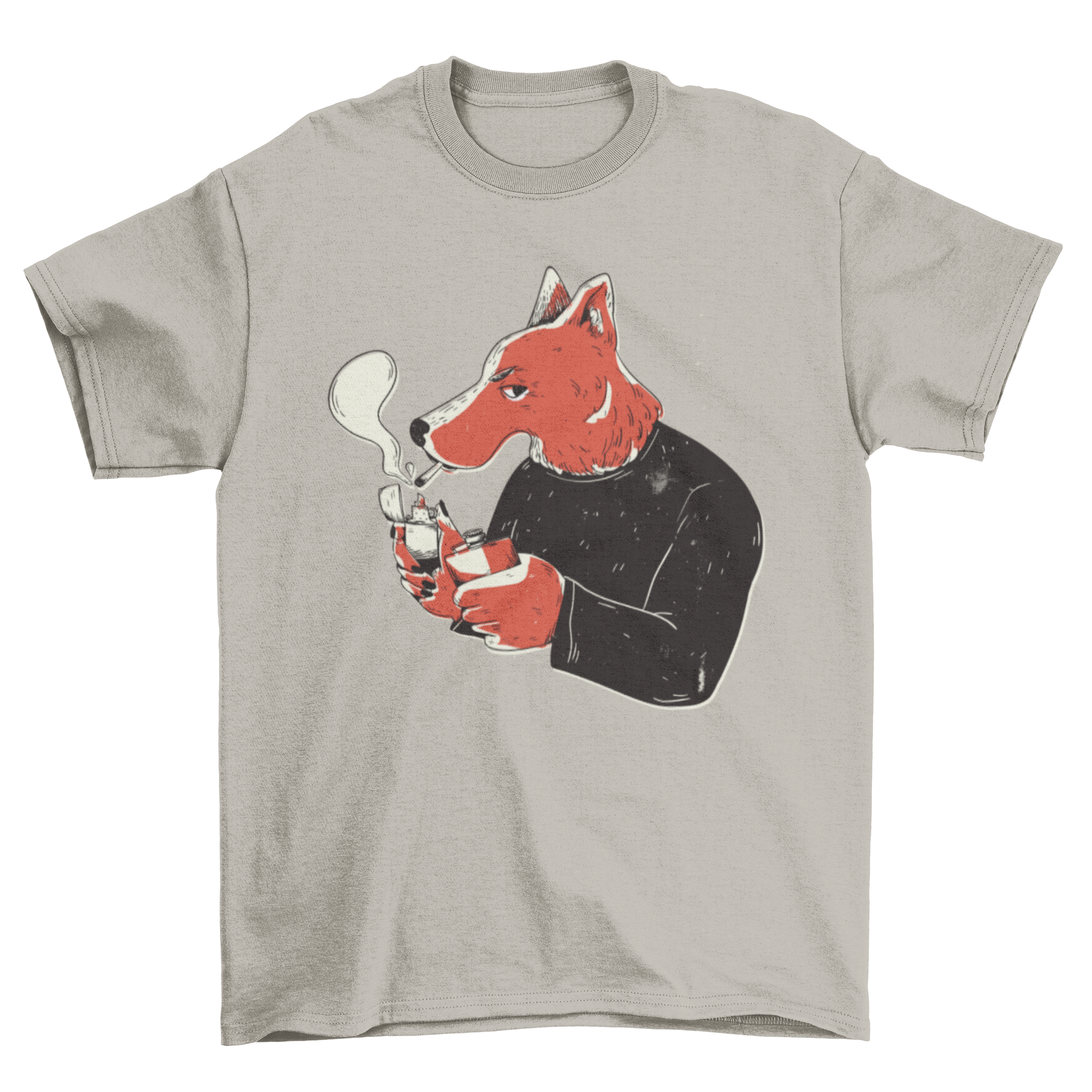 A stylish T-shirt featuring a wolf smoking a cigarette, showcasing a unique and edgy design.