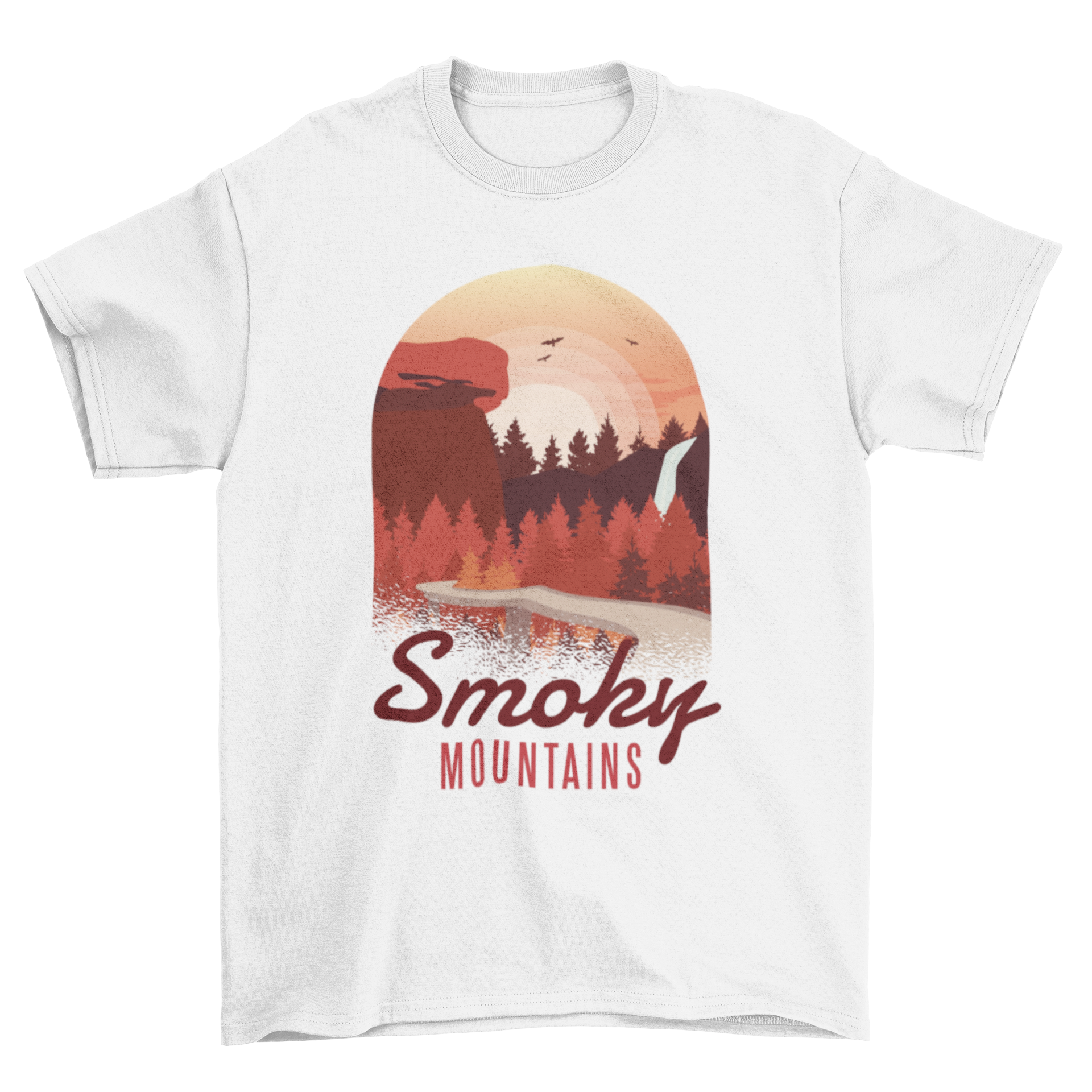 Smoky Mountains T-shirt featuring a sunset design with pines and rocky landscape.