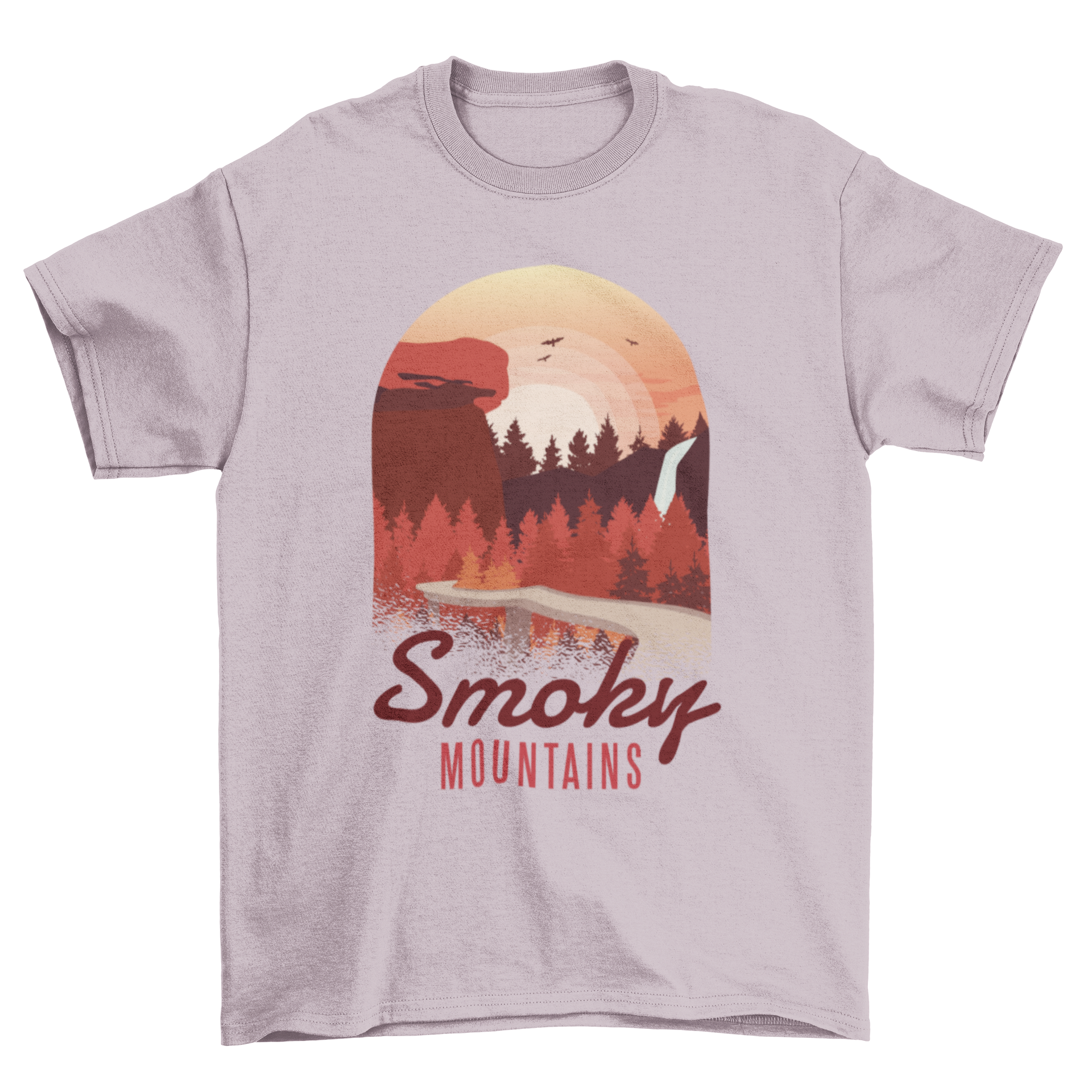 Smoky Mountains T-shirt featuring a sunset design with pines and rocky landscape.