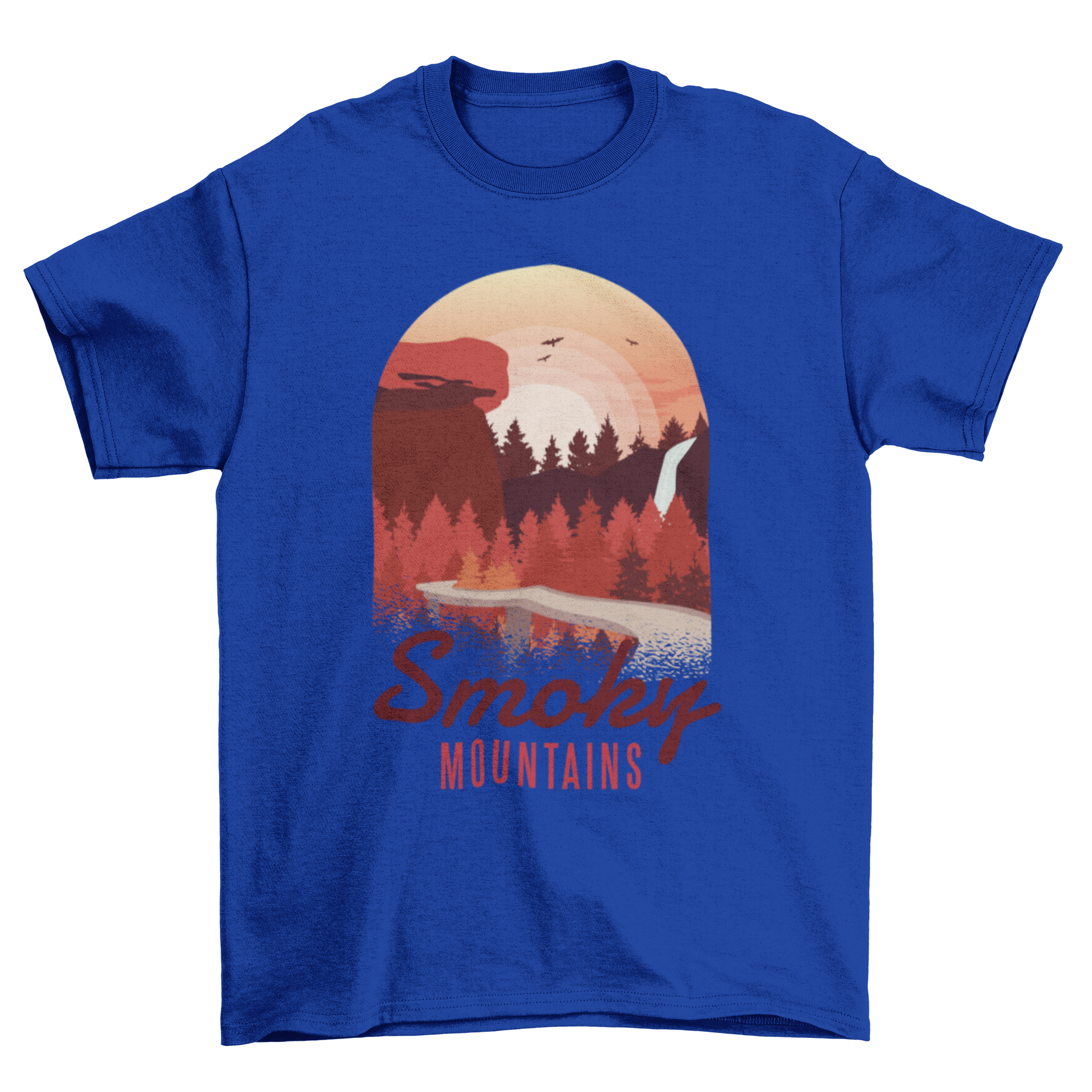 Smoky Mountains T-shirt featuring a sunset design with pines and rocky landscape.