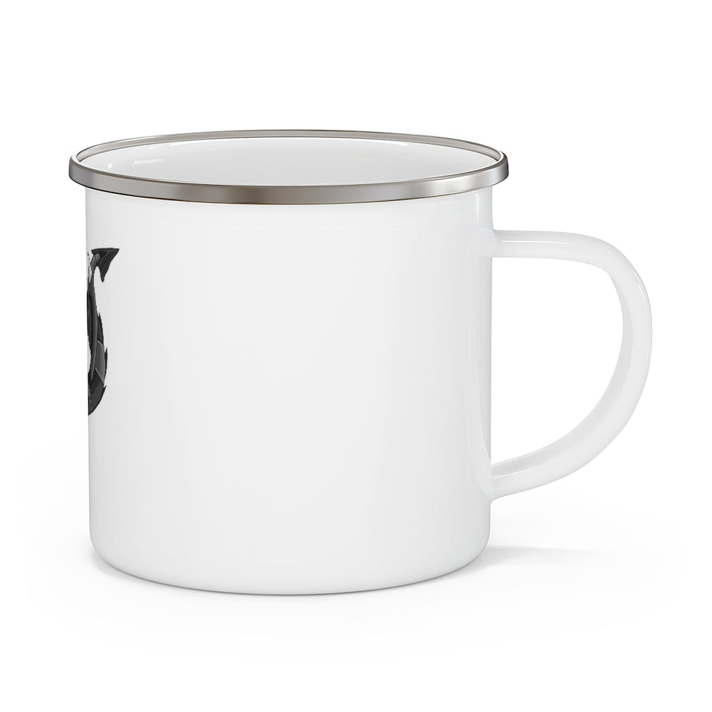 Snafibat Enamel Camping Mug in a natural outdoor setting, showcasing its durable design and customizable print.