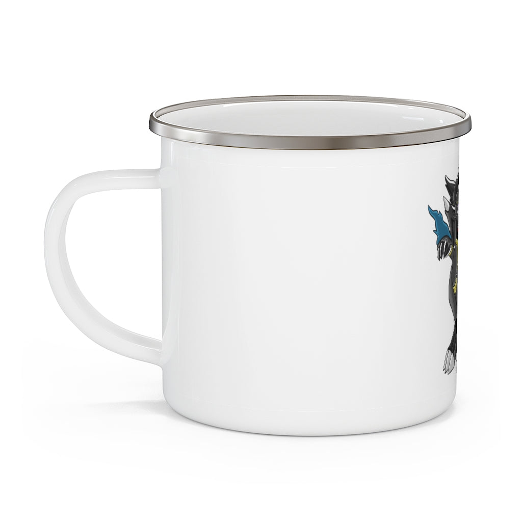 Snafibat Enamel Camping Mug in a natural outdoor setting, showcasing its durable design and customizable print.