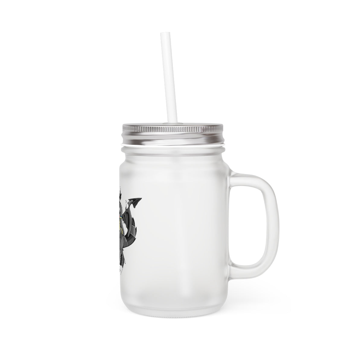 A stylish Snafibat Mason Jar made of frosted glass, featuring a straw and lid, perfect for personalized drinks.