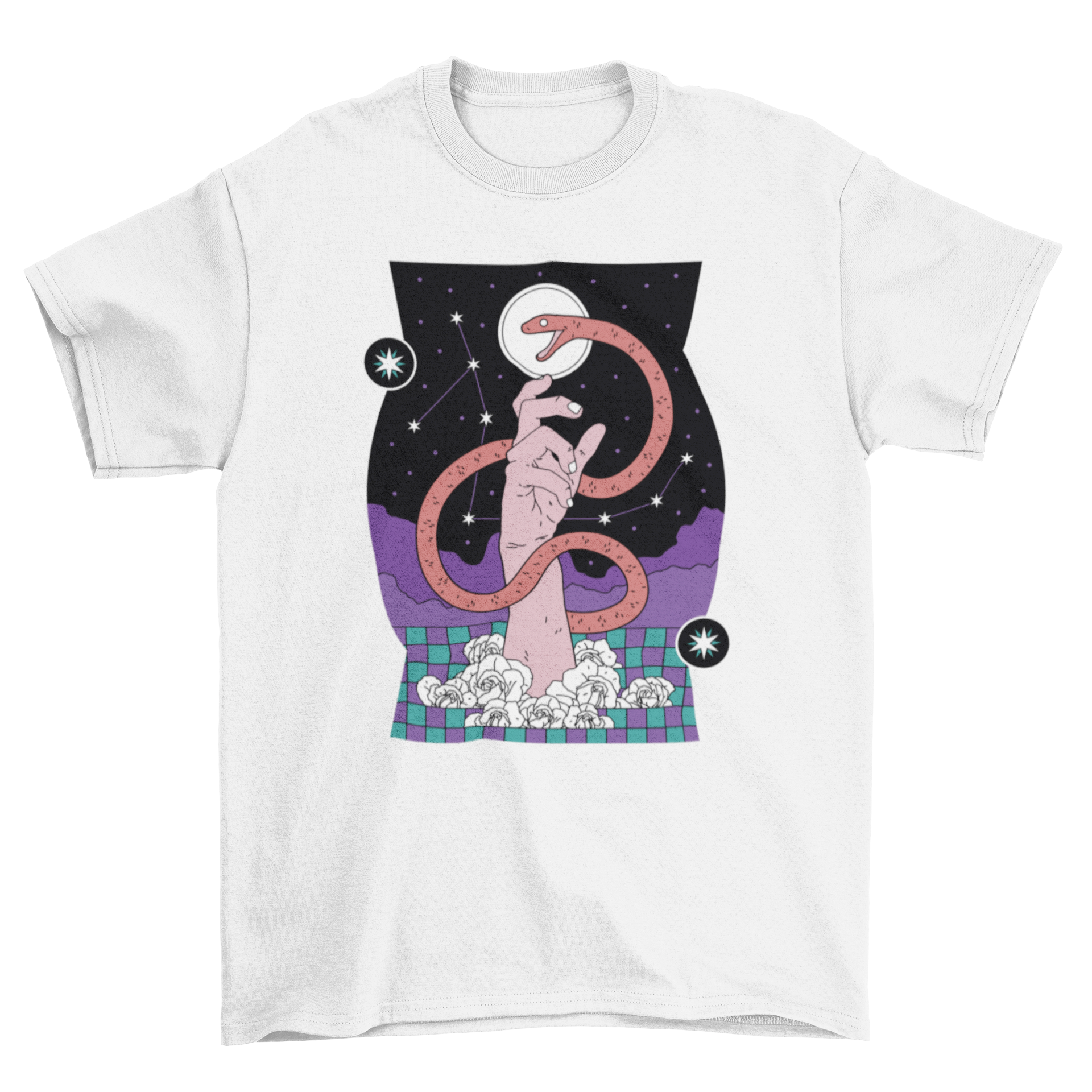 A stylish t-shirt featuring a snake intertwined with a hand, set against a starry constellation background.