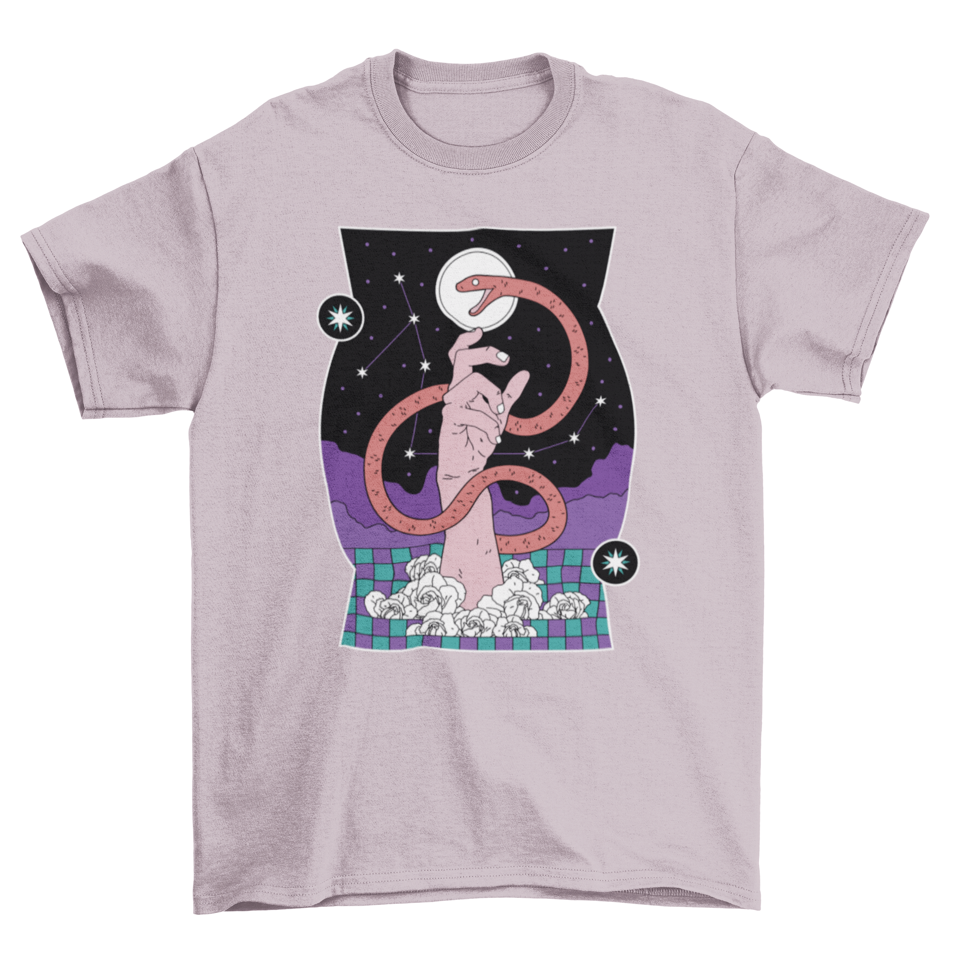 A stylish t-shirt featuring a snake intertwined with a hand, set against a starry constellation background.