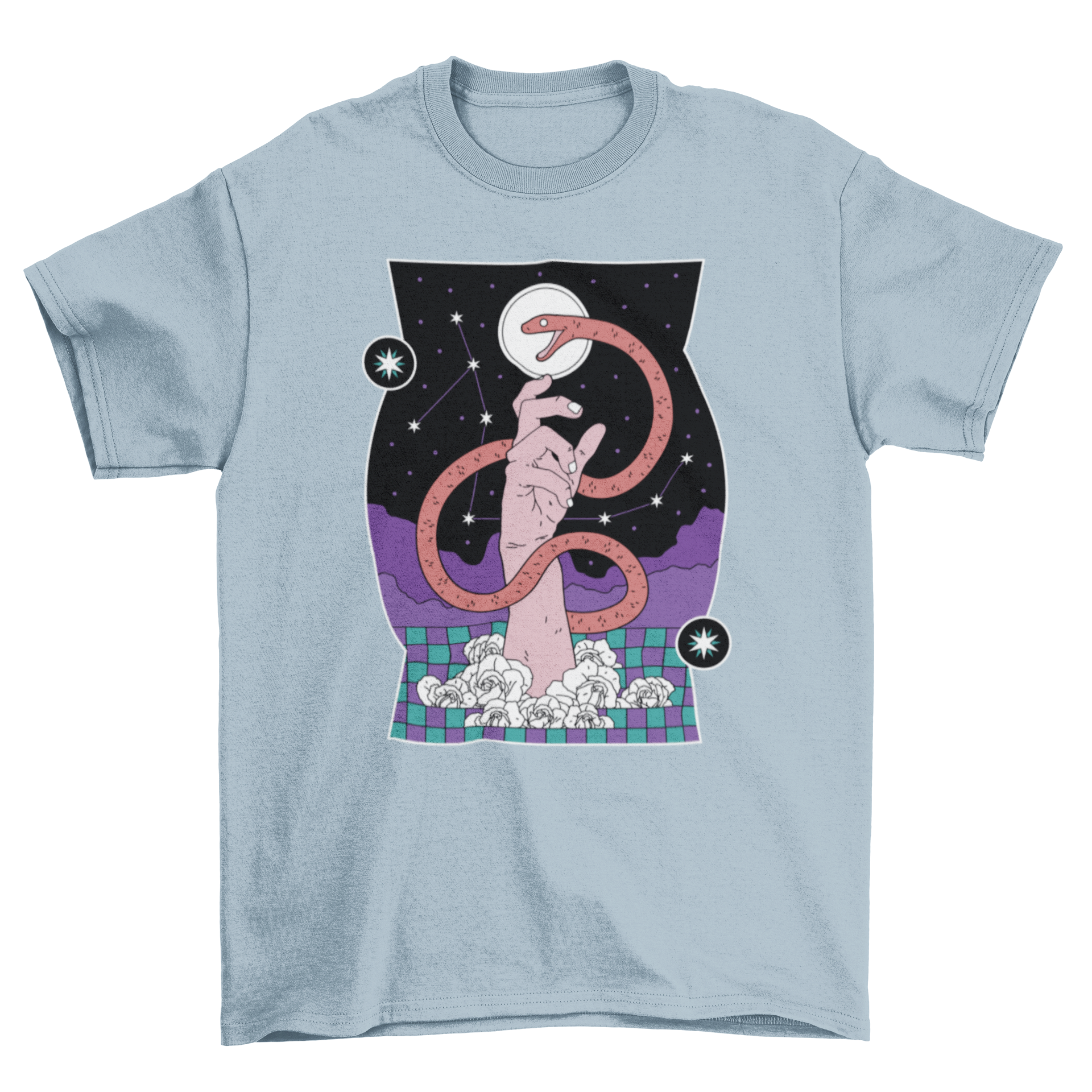 A stylish t-shirt featuring a snake intertwined with a hand, set against a starry constellation background.