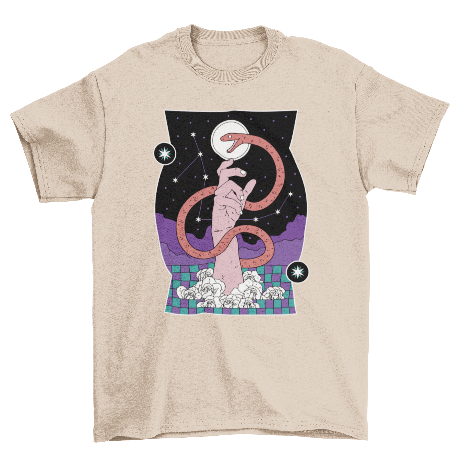 A stylish t-shirt featuring a snake intertwined with a hand, set against a starry constellation background.