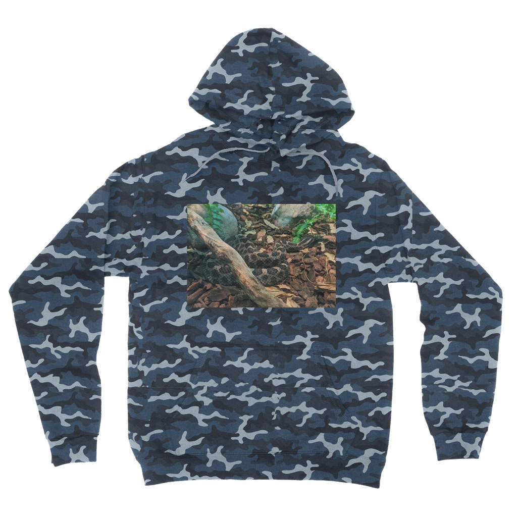 Snake Camouflage Adult Hoodie featuring a classic camo print, double fabric hood, and kangaroo pouch pocket, perfect for casual wear.