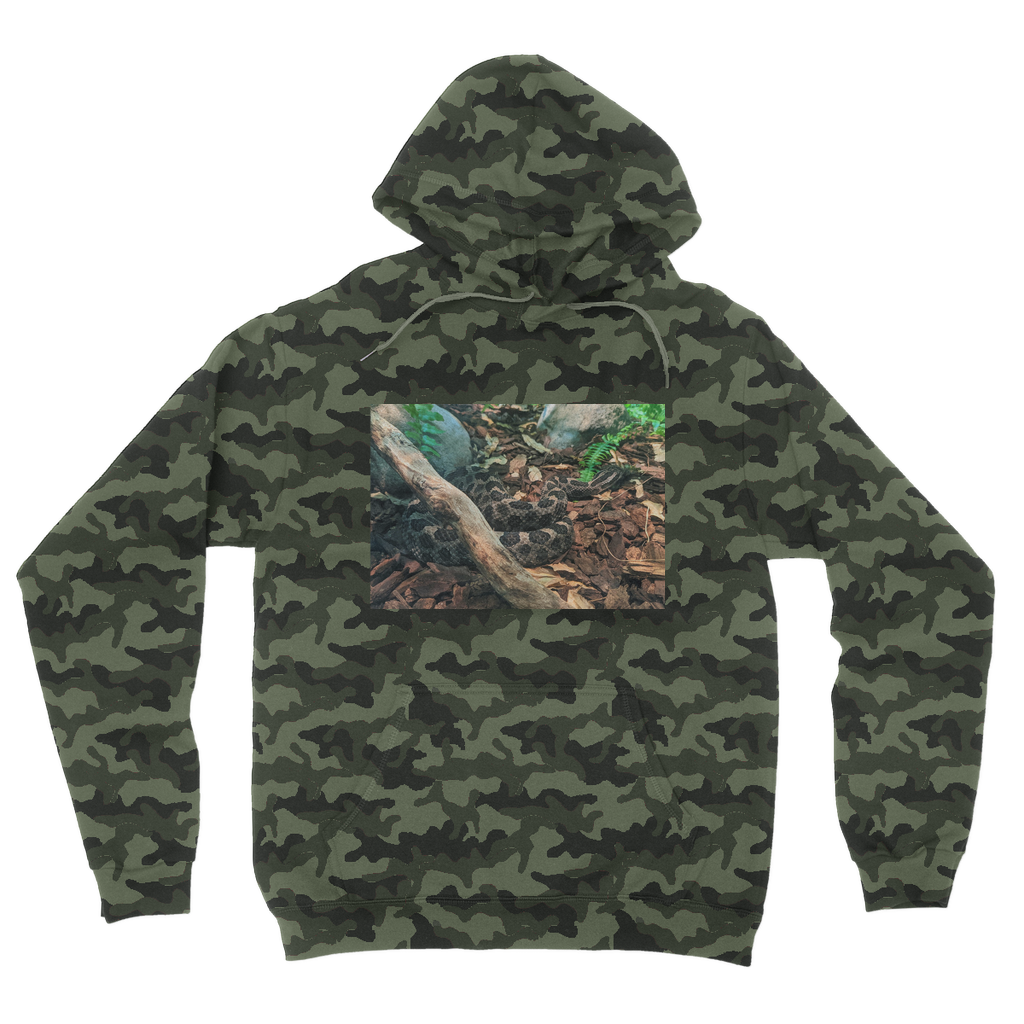 Snake Camouflage Adult Hoodie featuring a classic camo print, double fabric hood, and kangaroo pouch pocket, perfect for casual wear.