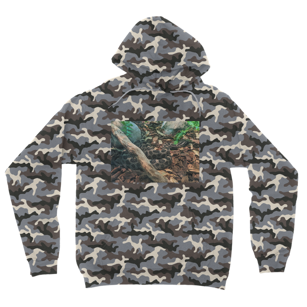 Snake Camouflage Adult Hoodie featuring a classic camo print, double fabric hood, and kangaroo pouch pocket, perfect for casual wear.