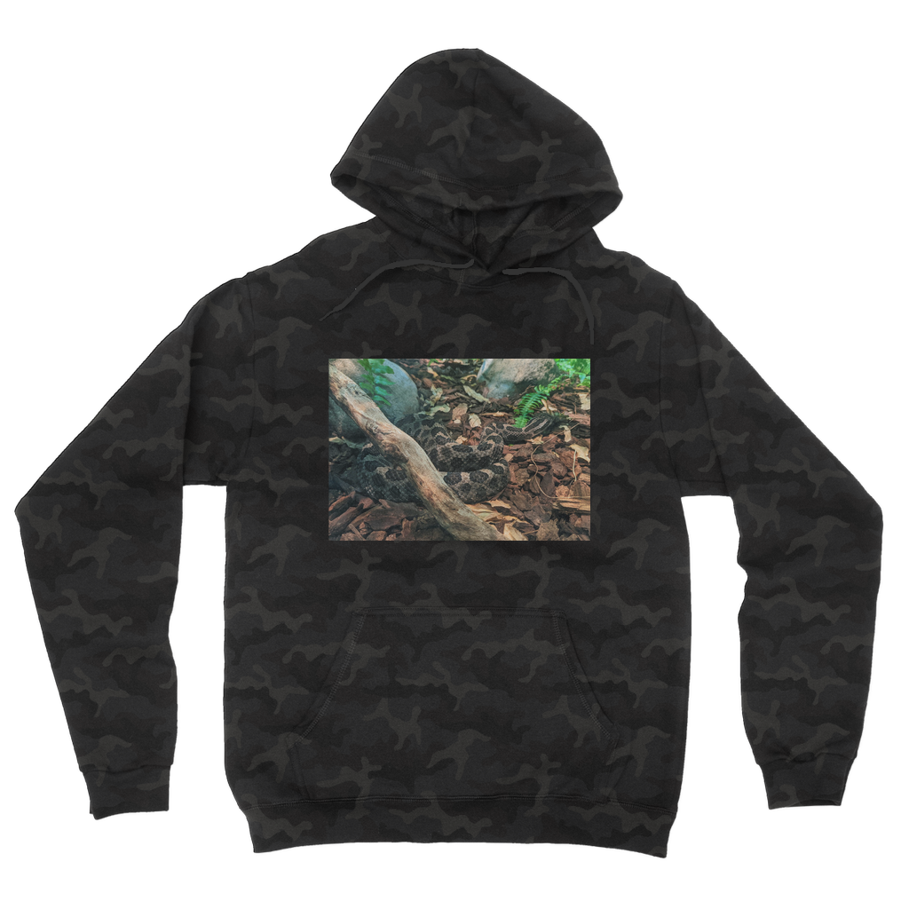 Snake Camouflage Adult Hoodie featuring a classic camo print, double fabric hood, and kangaroo pouch pocket, perfect for casual wear.