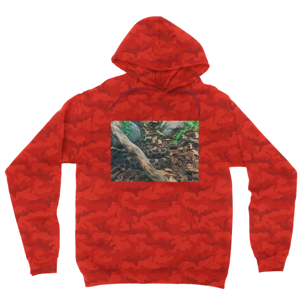 Snake Camouflage Adult Hoodie featuring a classic camo print, double fabric hood, and kangaroo pouch pocket, perfect for casual wear.