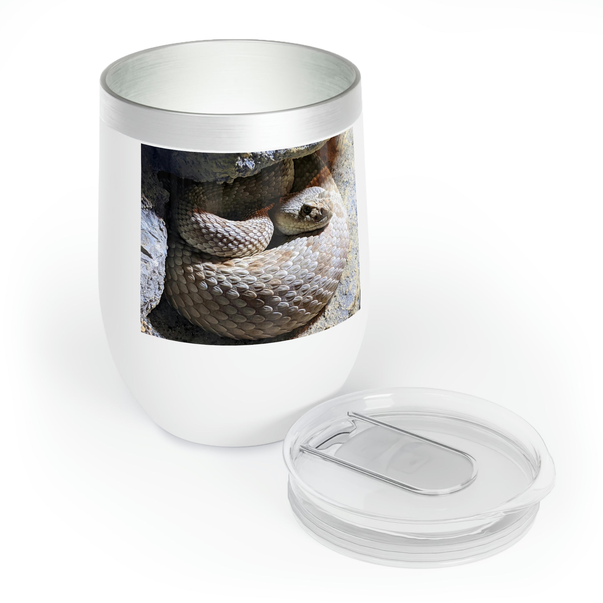 A stylish Snake Chill Wine Tumbler made of stainless steel, featuring a double-insulated design for temperature retention and customizable options.