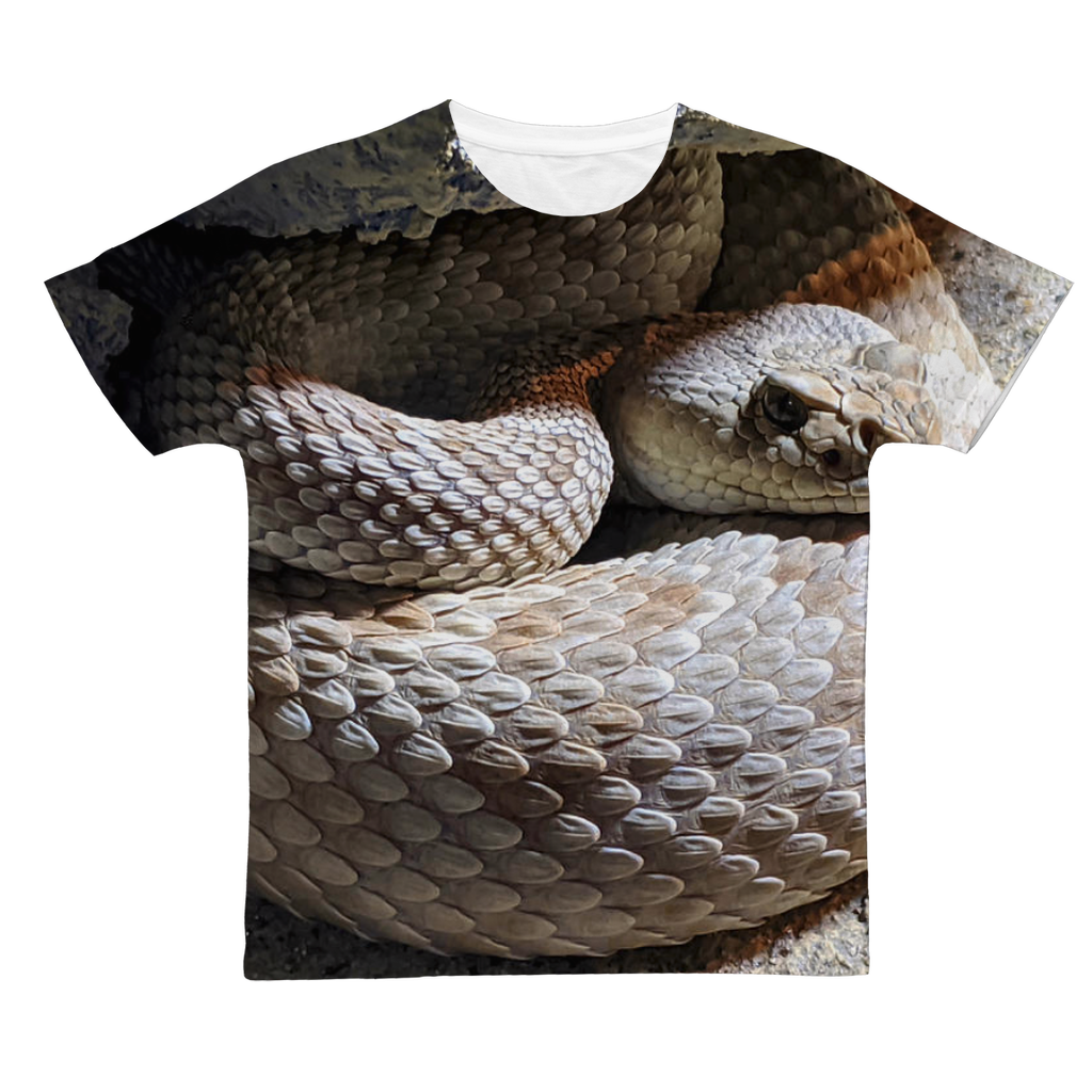 Snake Classic Sublimation Adult T-Shirt made from 100% polyester, showcasing vibrant colors and a soft cotton-like feel, perfect for sublimation printing.