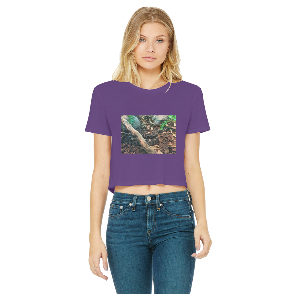 A stylish Snake Classic Women's Cropped Raw Edge T-Shirt featuring a round neck, short sleeves, and a trendy raw edge cut hem, made from soft cotton.