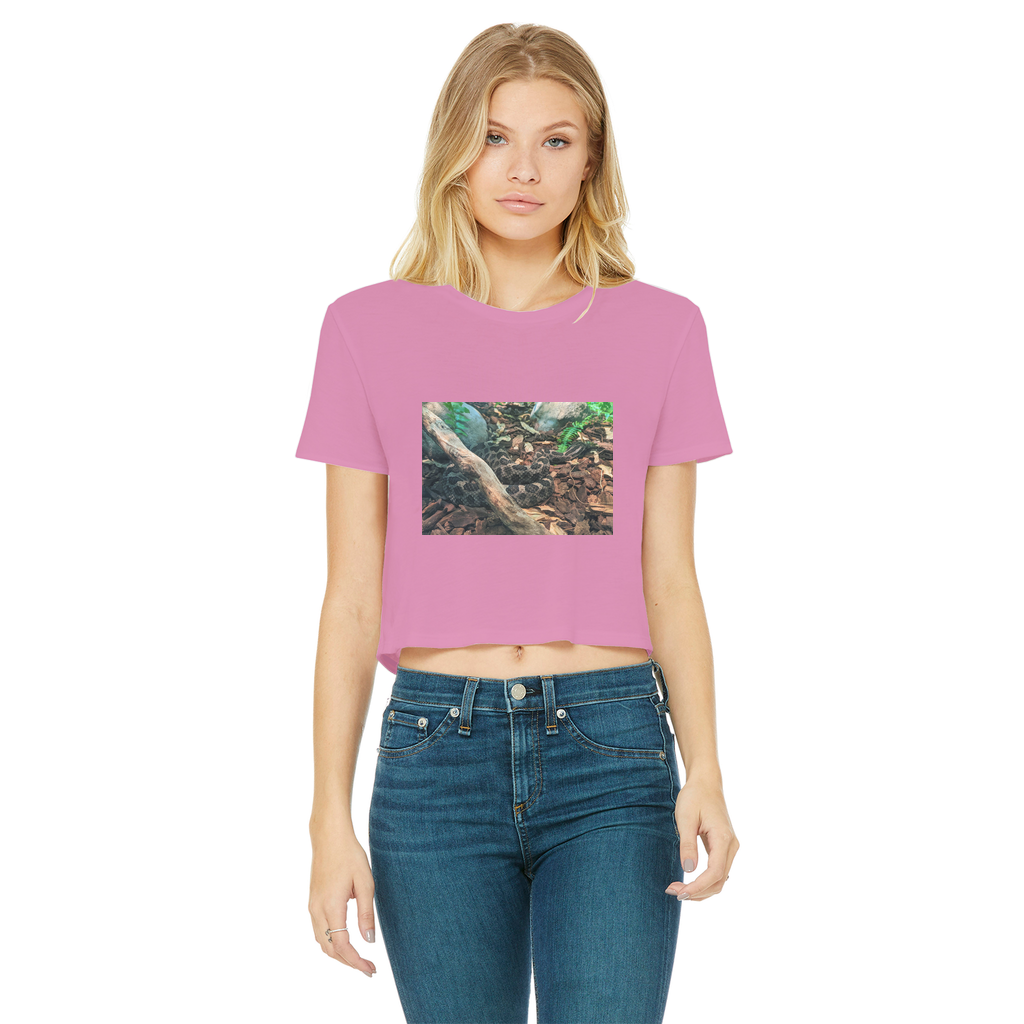 A stylish Snake Classic Women's Cropped Raw Edge T-Shirt featuring a round neck, short sleeves, and a trendy raw edge cut hem, made from soft cotton.