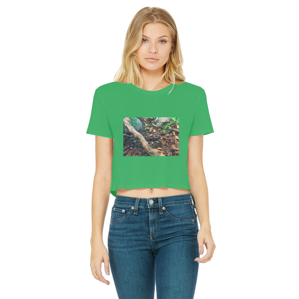 A stylish Snake Classic Women's Cropped Raw Edge T-Shirt featuring a round neck, short sleeves, and a trendy raw edge cut hem, made from soft cotton.