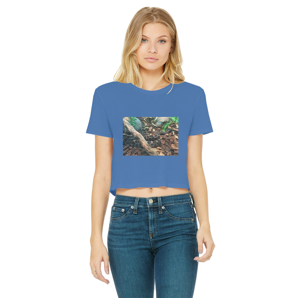 A stylish Snake Classic Women's Cropped Raw Edge T-Shirt featuring a round neck, short sleeves, and a trendy raw edge cut hem, made from soft cotton.