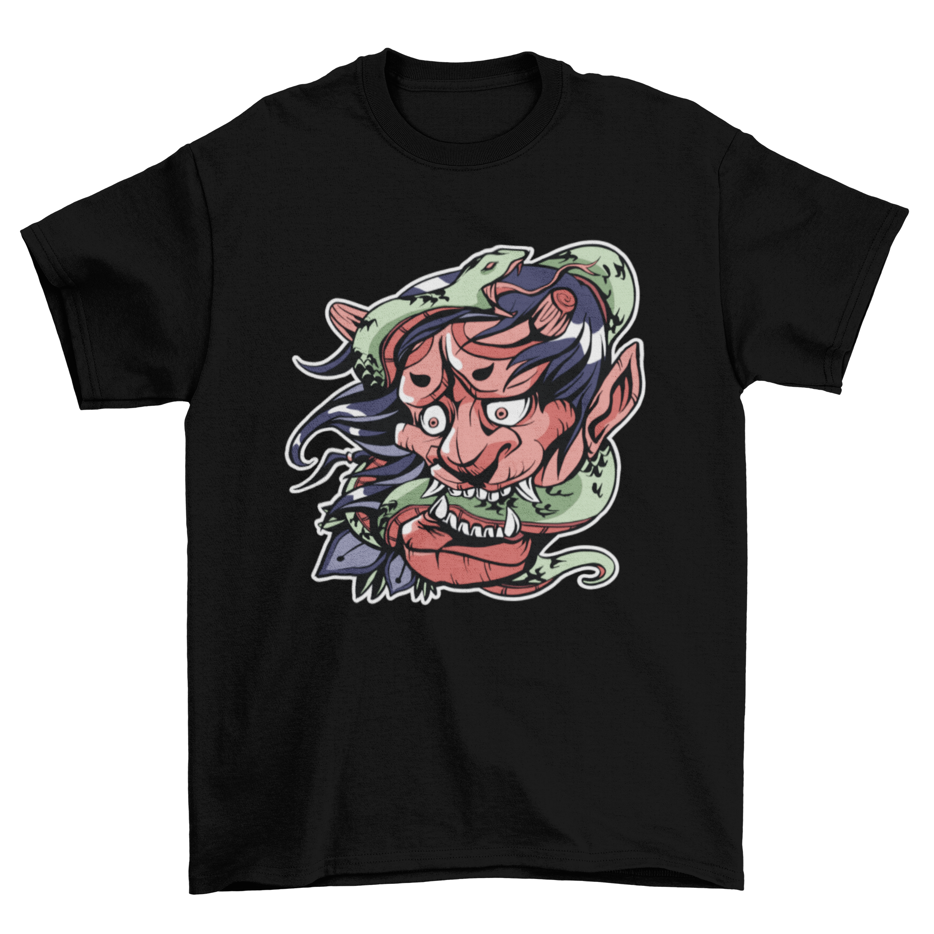 A stylish t-shirt featuring a detailed illustration of a demon entwined with a snake, showcasing vibrant colors and intricate design.