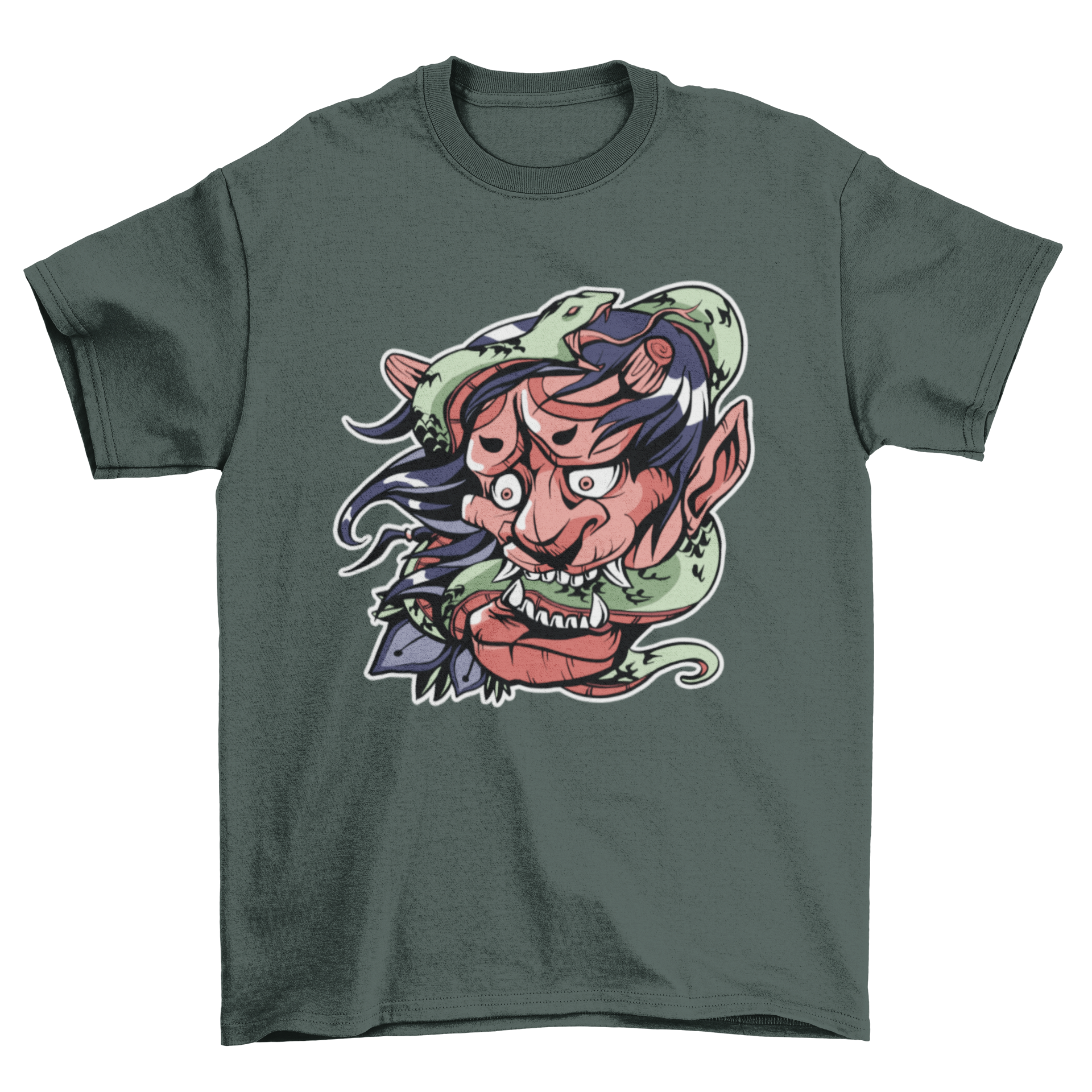 A stylish t-shirt featuring a detailed illustration of a demon entwined with a snake, showcasing vibrant colors and intricate design.