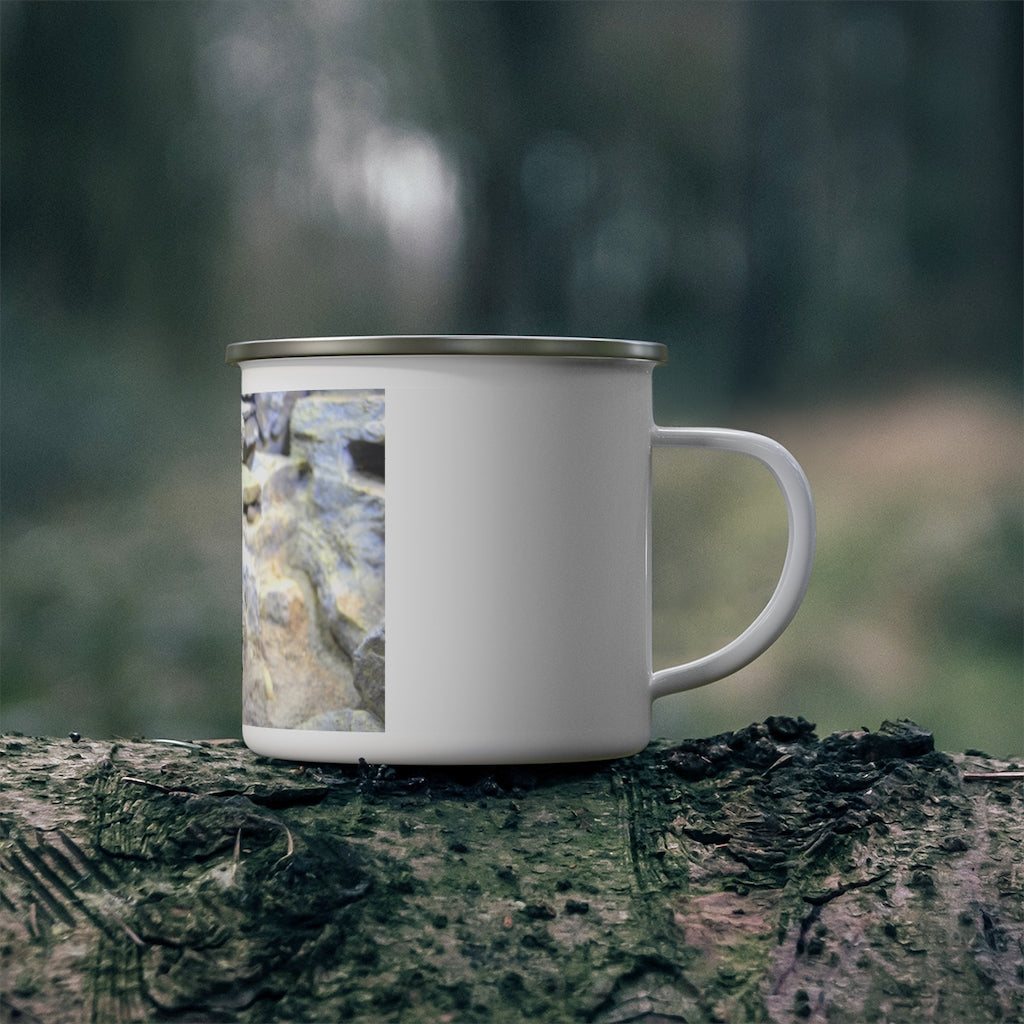 A stylish Snake Enamel Camping Mug with a C-handle, featuring a colorful design, perfect for outdoor adventures.