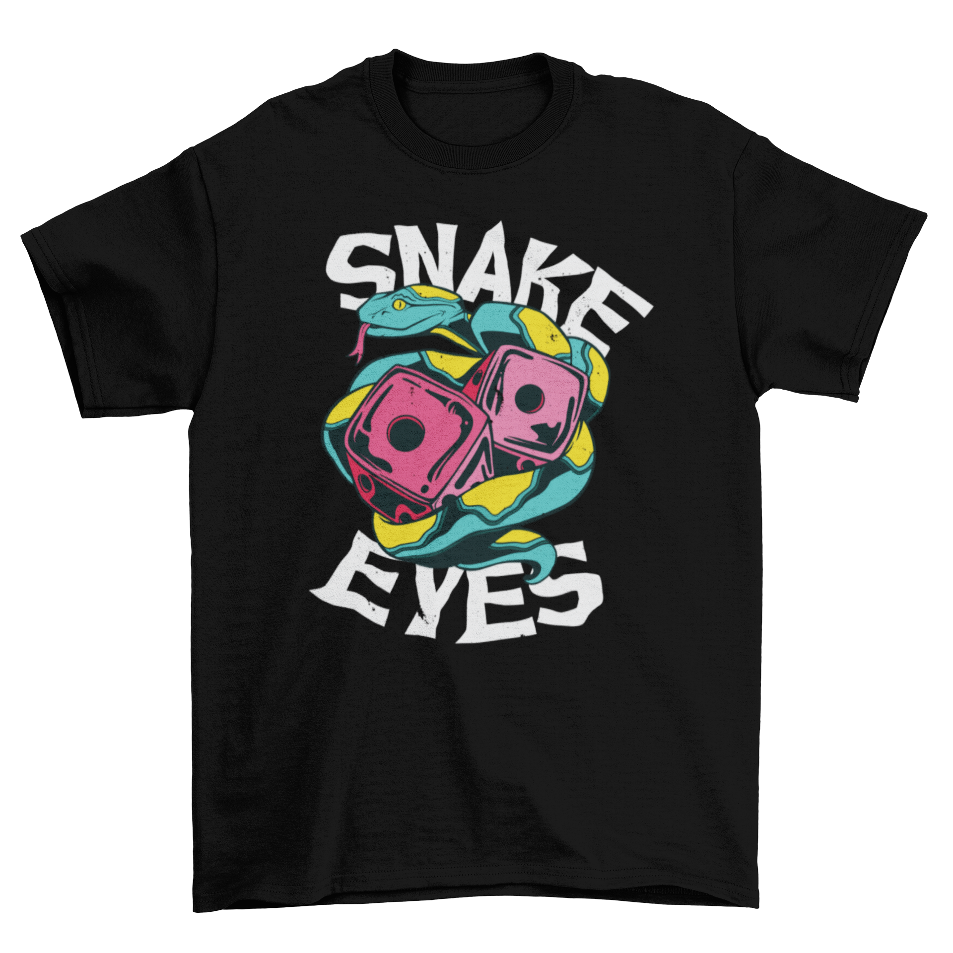 A stylish t-shirt featuring a snake and dice design with the quote 'Snake Eyes', perfect for gaming enthusiasts.