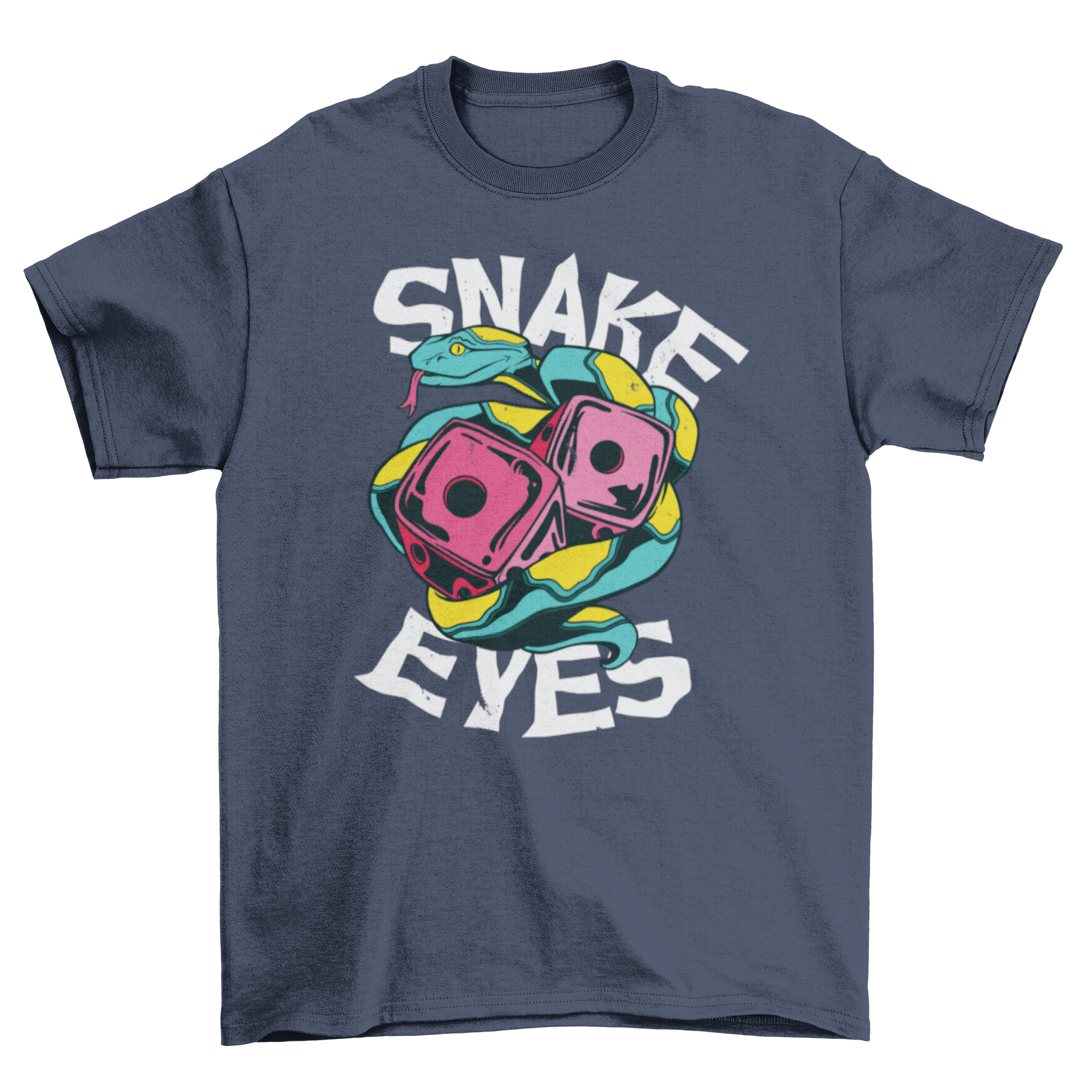 A stylish t-shirt featuring a snake and dice design with the quote 'Snake Eyes', perfect for gaming enthusiasts.