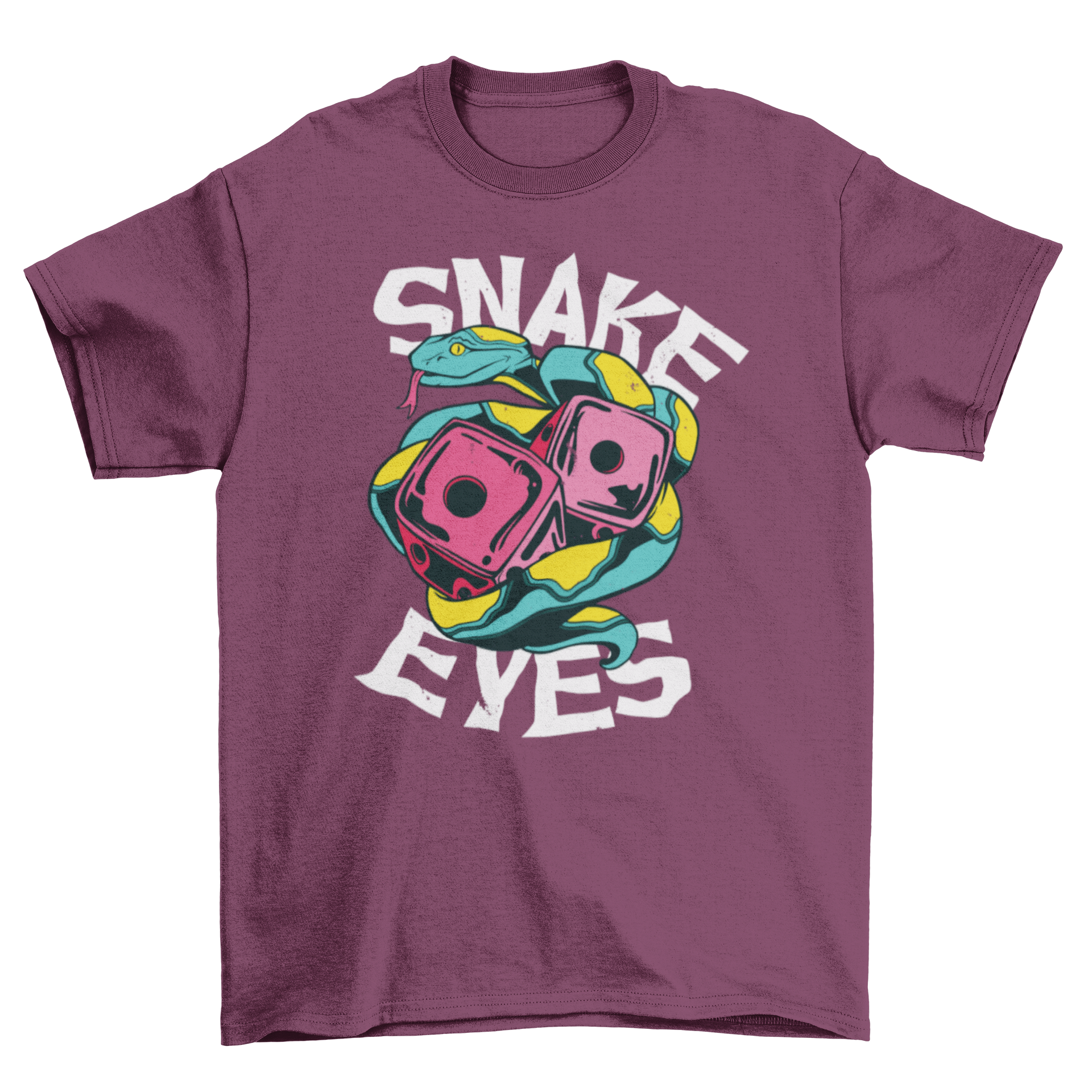 A stylish t-shirt featuring a snake and dice design with the quote 'Snake Eyes', perfect for gaming enthusiasts.