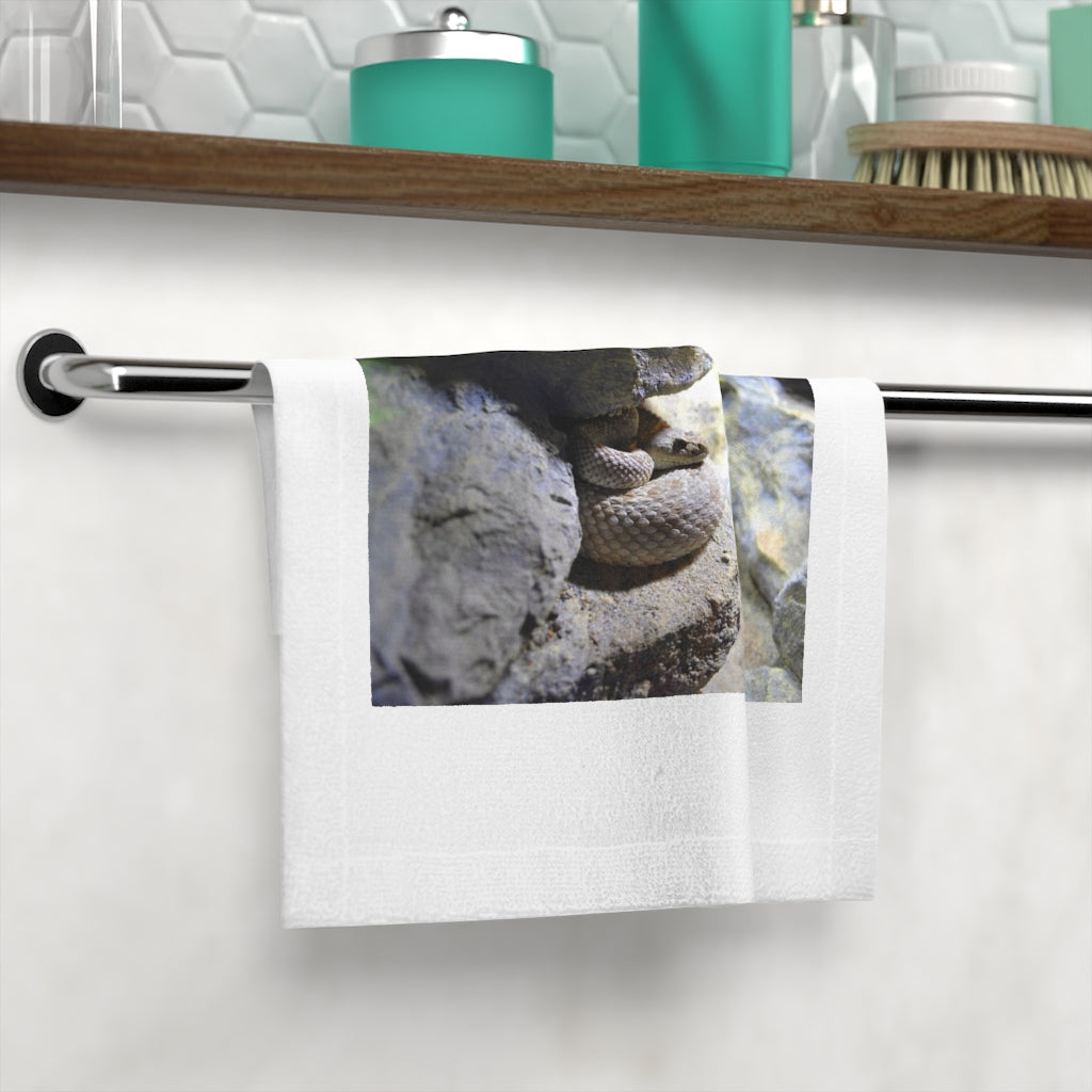 A vibrant Snake Face Towel featuring a colorful polyester front and soft cotton back, perfect for customization.