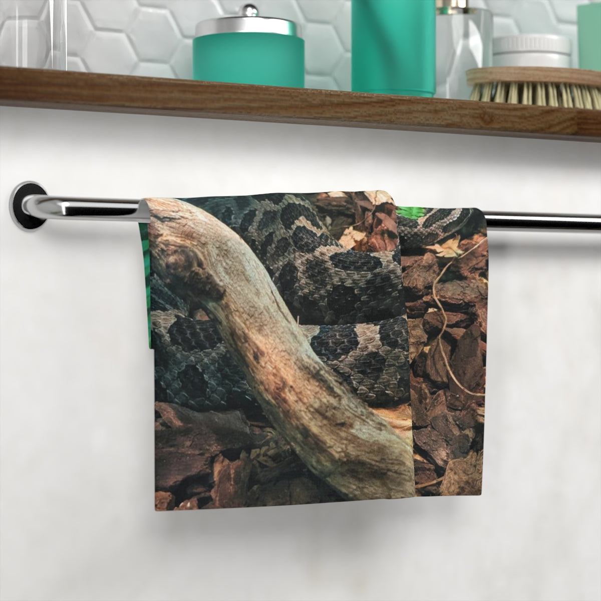 A vibrant Snake Face Towel featuring a customizable polyester front and soft cotton back, ideal for bathroom use.