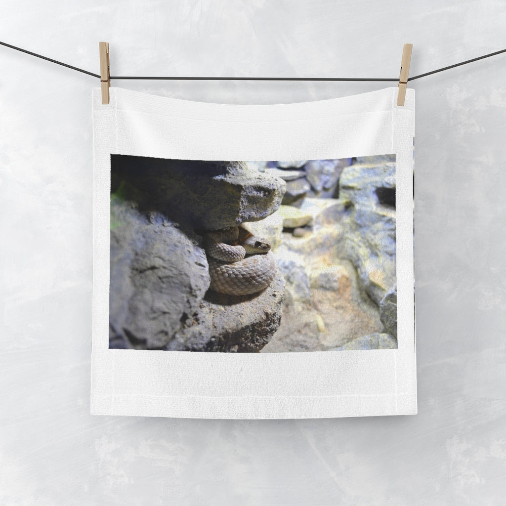 A vibrant Snake Face Towel featuring a customizable polyester front and soft cotton back, perfect for personal use or gifting.