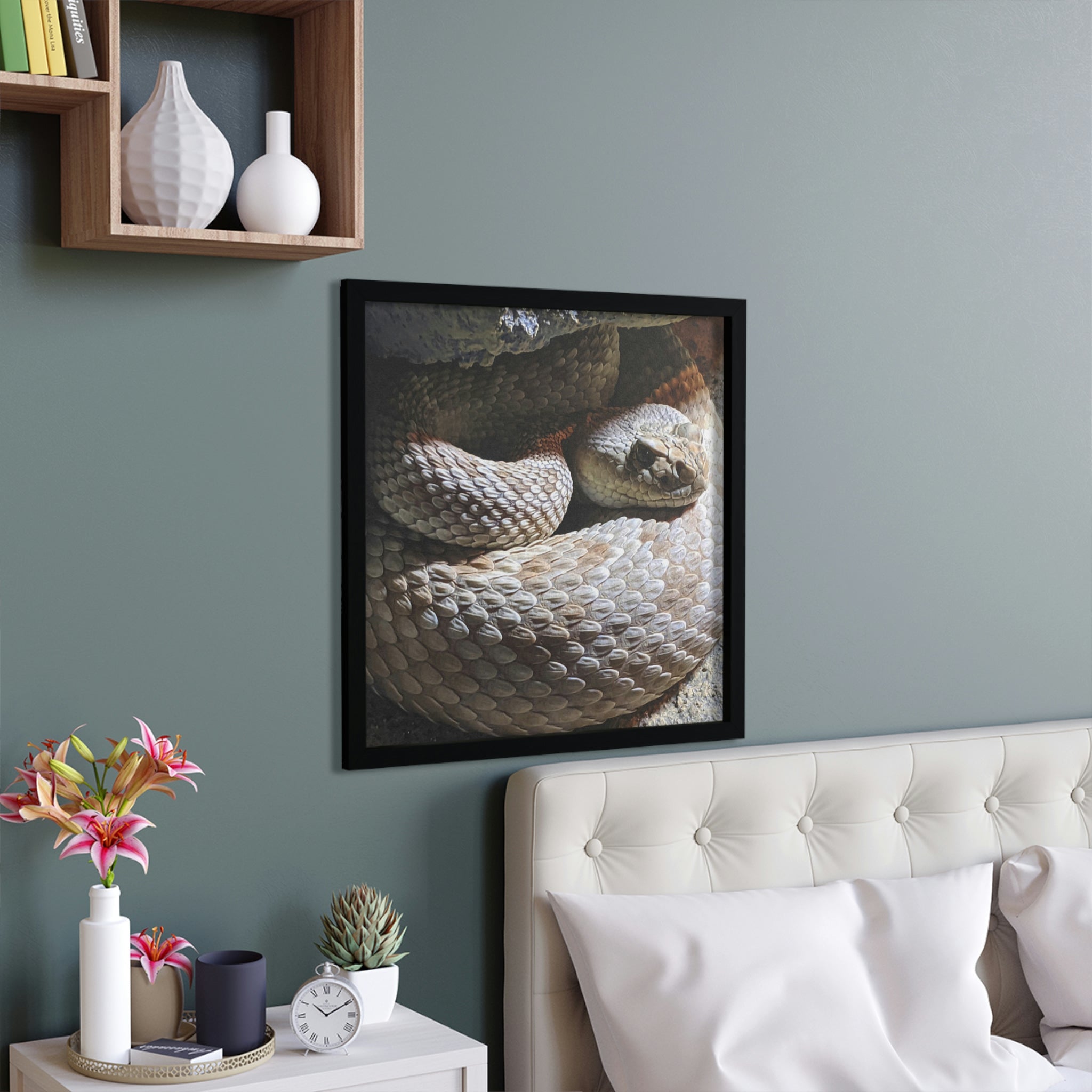 A beautifully crafted Snake Framed Poster with a hand-crafted wooden frame, showcasing vibrant colors and intricate details.