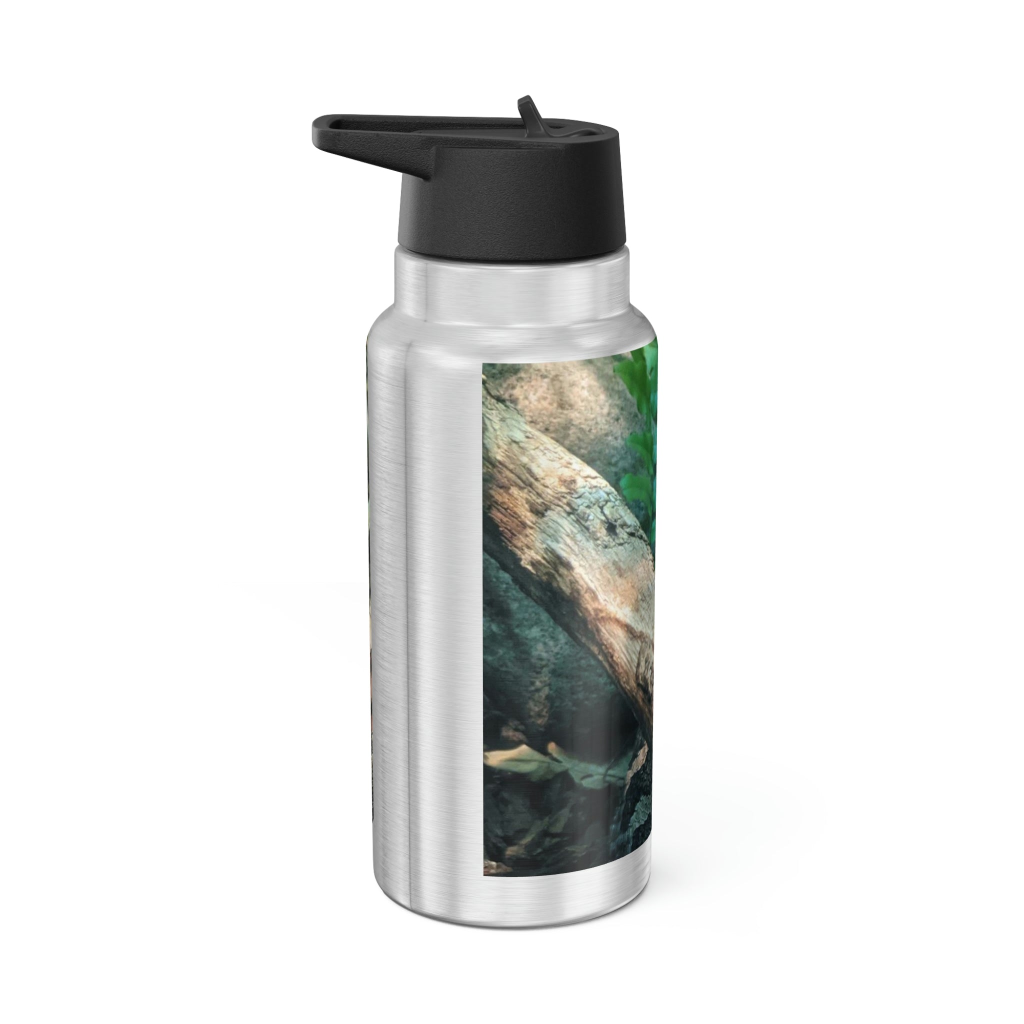 A stylish Snake Gator Tumbler in stainless steel with a black screw-on cap and a plastic straw, showcasing a customizable design.