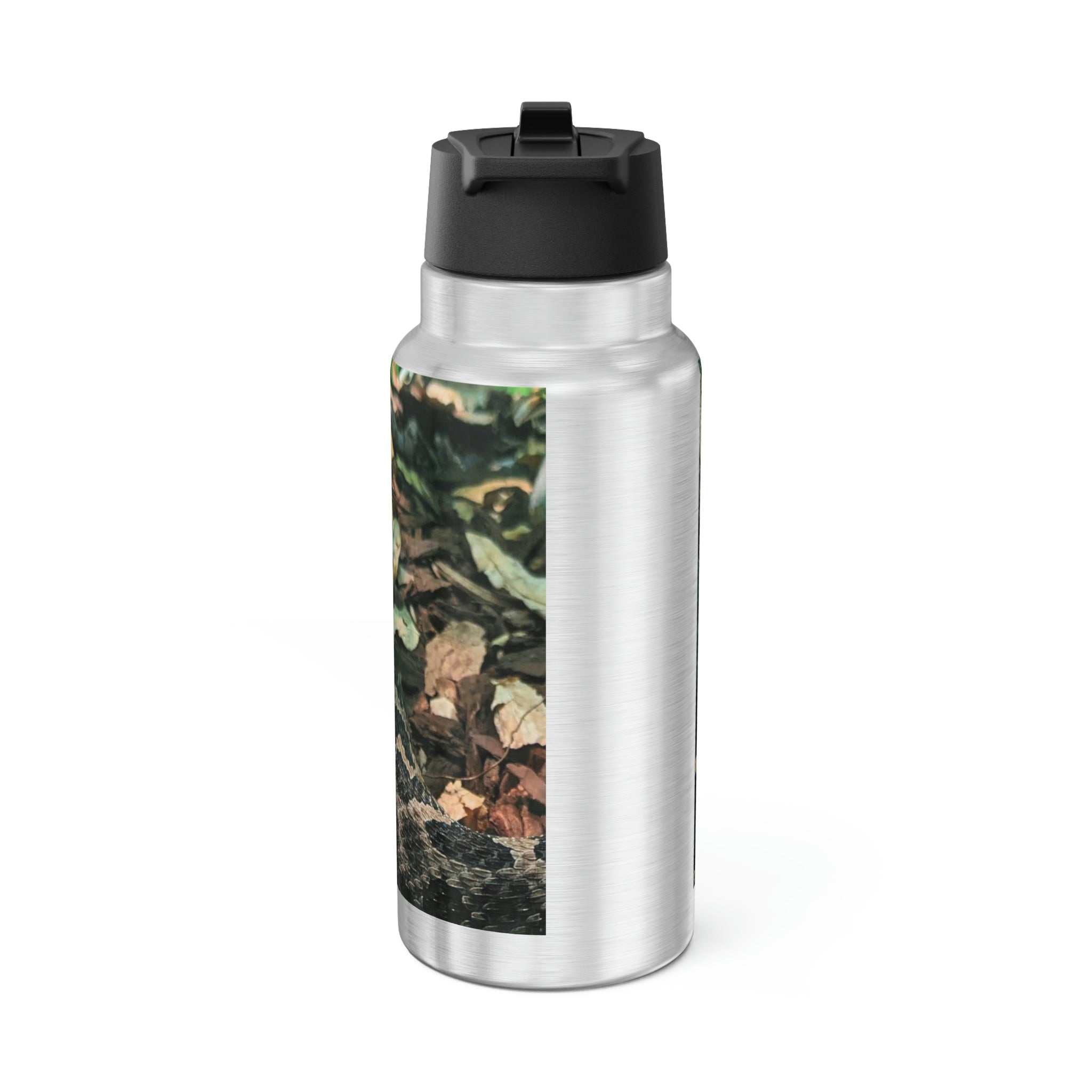 A stylish Snake Gator Tumbler in stainless steel with a black screw-on cap and a plastic straw, showcasing a customizable design.