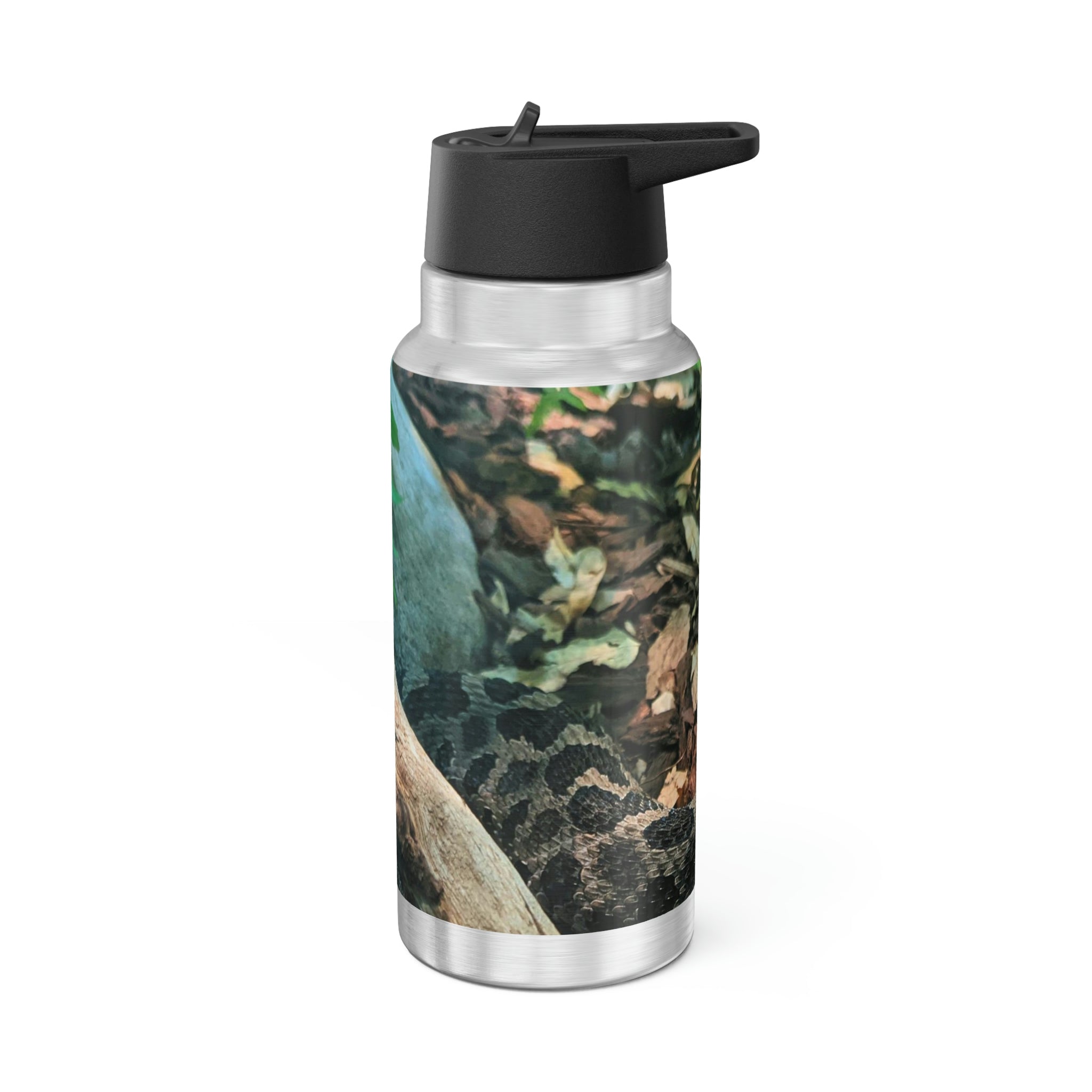 A stylish Snake Gator Tumbler in stainless steel with a black screw-on cap and a plastic straw, showcasing a customizable design.