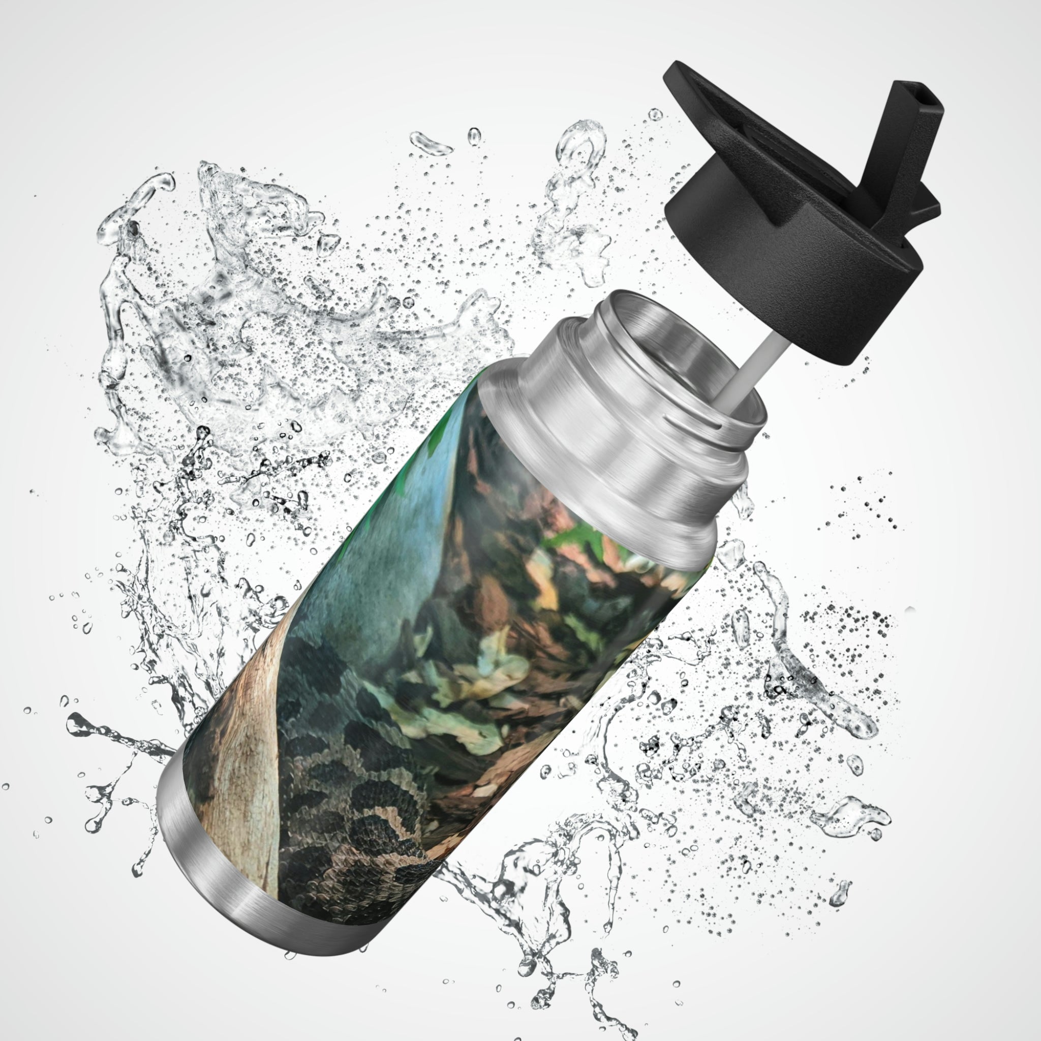 A stylish Snake Gator Tumbler in stainless steel with a black screw-on cap and a plastic straw, showcasing a customizable design.