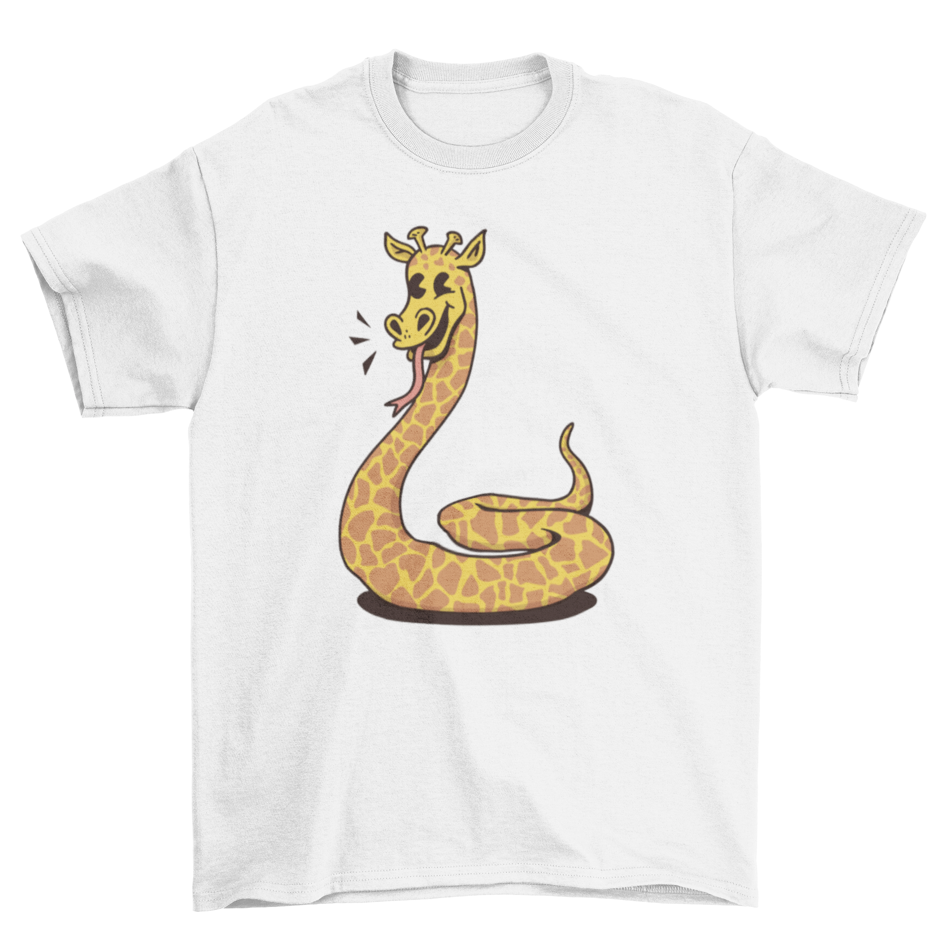 A colorful cartoon-style t-shirt featuring a whimsical snake and giraffe hybrid design.