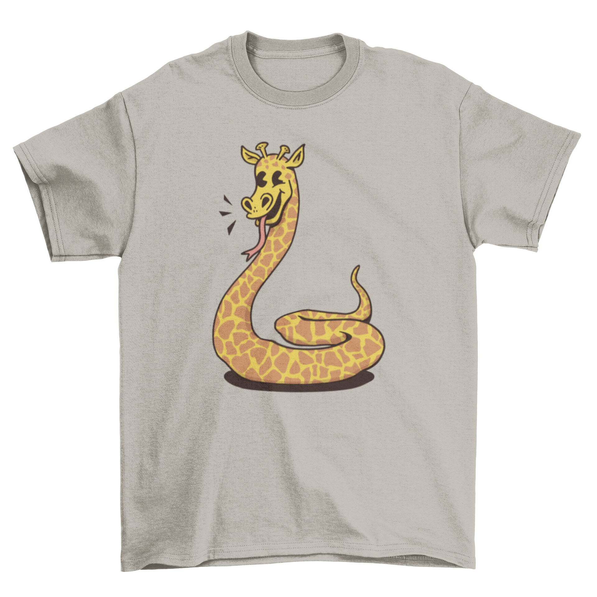 A colorful cartoon-style t-shirt featuring a whimsical snake and giraffe hybrid design.