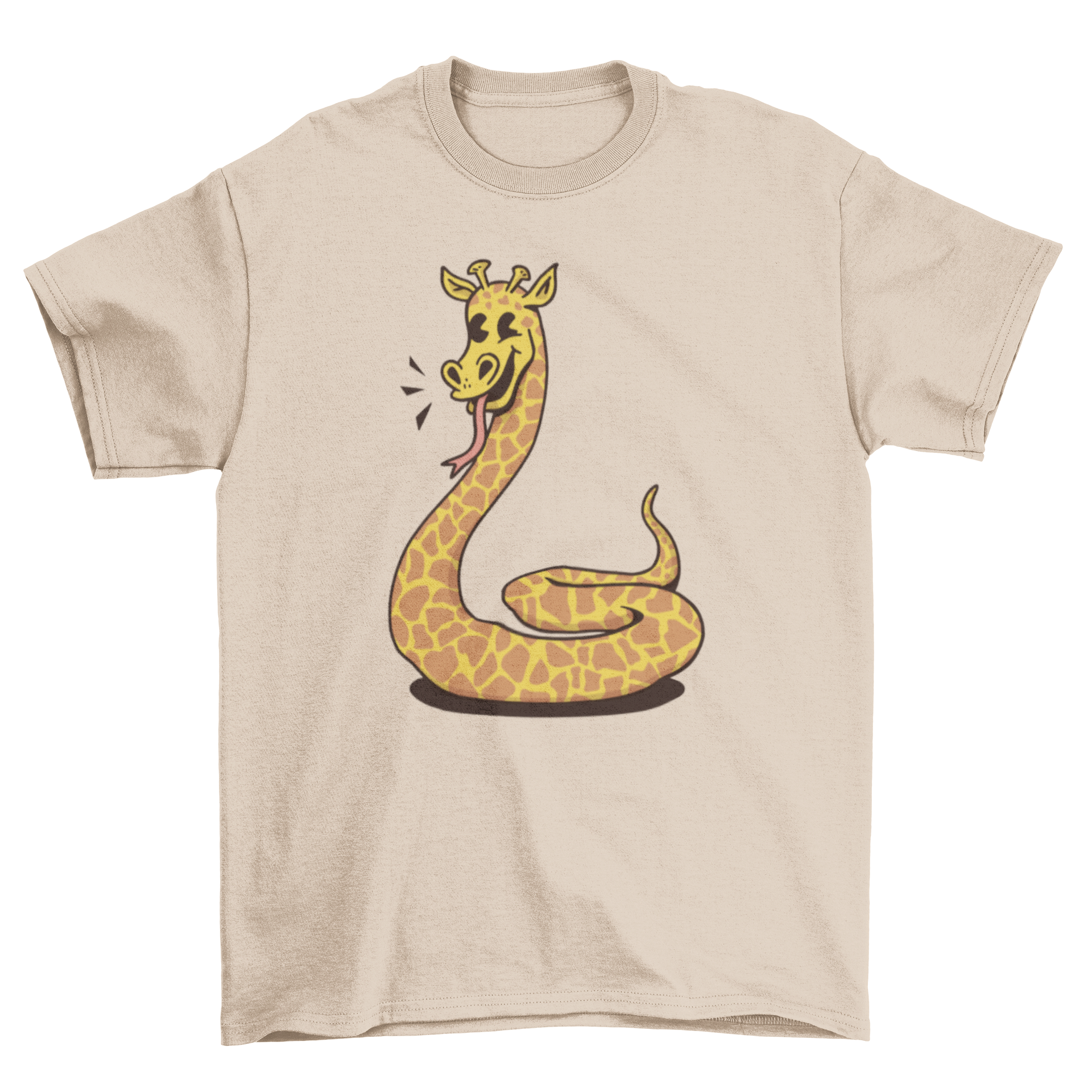 A colorful cartoon-style t-shirt featuring a whimsical snake and giraffe hybrid design.