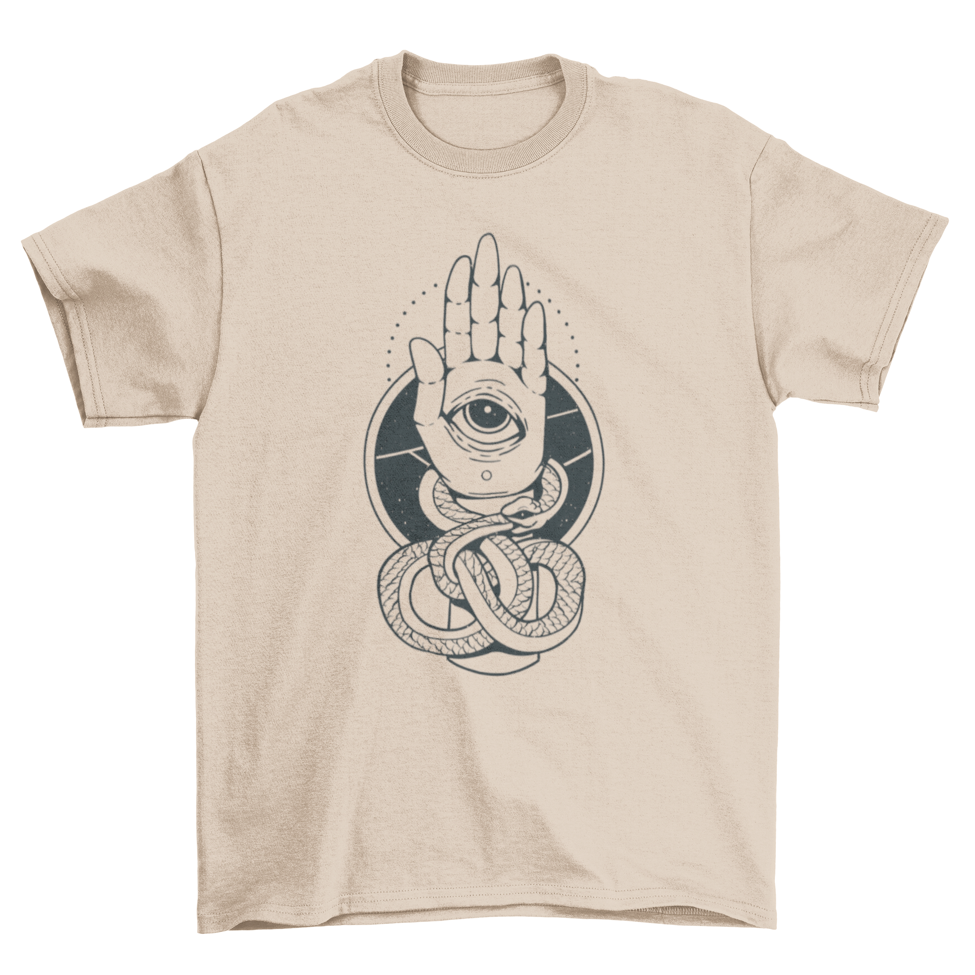 A stylish t-shirt featuring a Hamsa hand design with an eye in the palm and a snake wrapped around it, symbolizing protection and transformation.