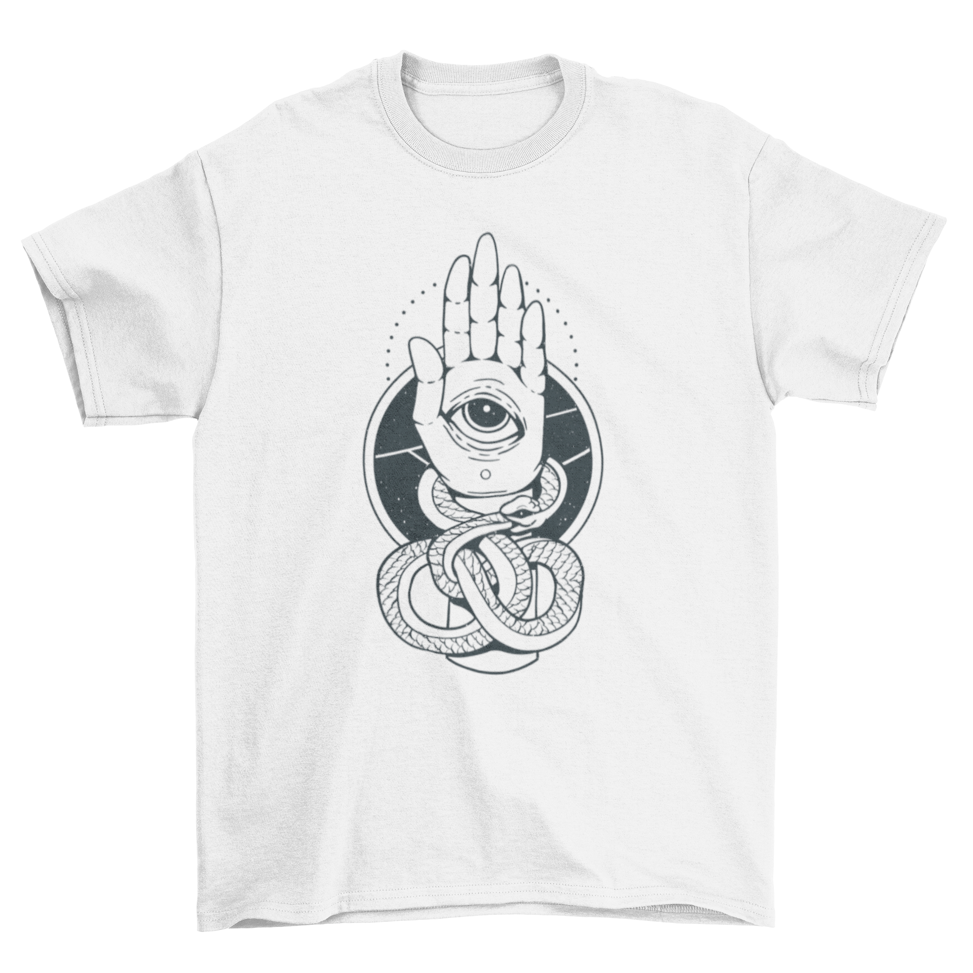 A stylish t-shirt featuring a Hamsa hand design with an eye in the palm and a snake wrapped around it, symbolizing protection and transformation.