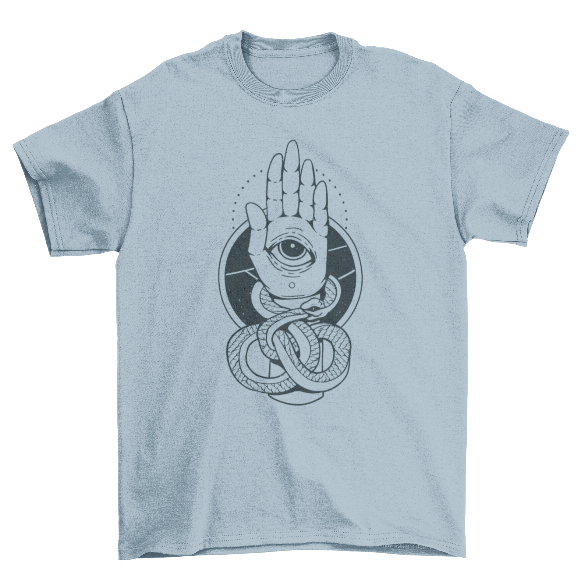 A stylish t-shirt featuring a Hamsa hand design with an eye in the palm and a snake wrapped around it, symbolizing protection and transformation.