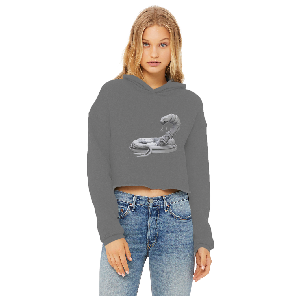 A stylish Snake Ladies Cropped Raw Edge Hoodie featuring a raw edge hem, double fabric hood, and ribbed cuffs, perfect for casual wear and customization.