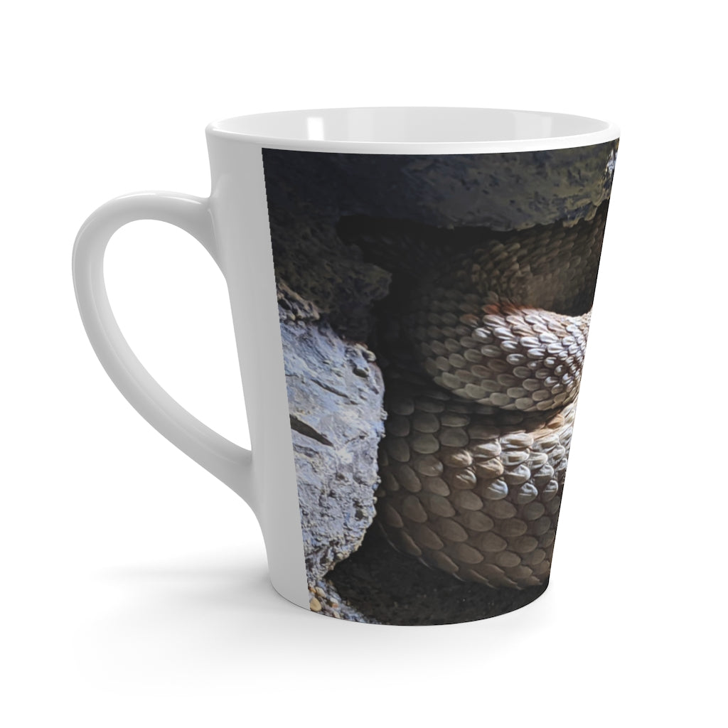 A stylish white ceramic Snake Latte Mug with rounded corners and a comfortable C-handle, perfect for enjoying lattes.