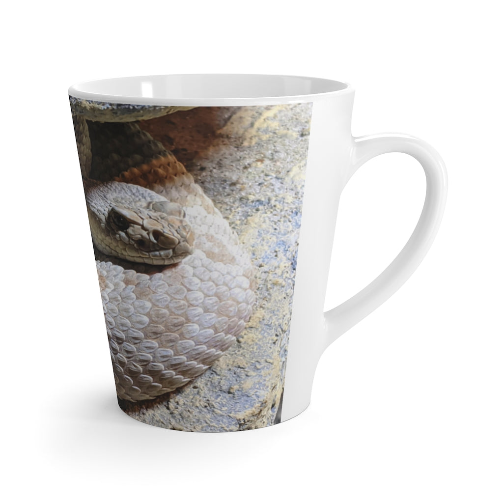 A stylish white ceramic Snake Latte Mug with rounded corners and a comfortable C-handle, perfect for enjoying lattes.