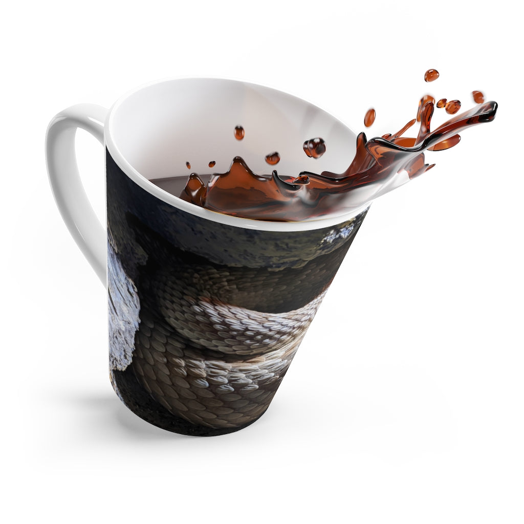 A stylish white ceramic Snake Latte Mug with rounded corners and a comfortable C-handle, perfect for enjoying lattes.